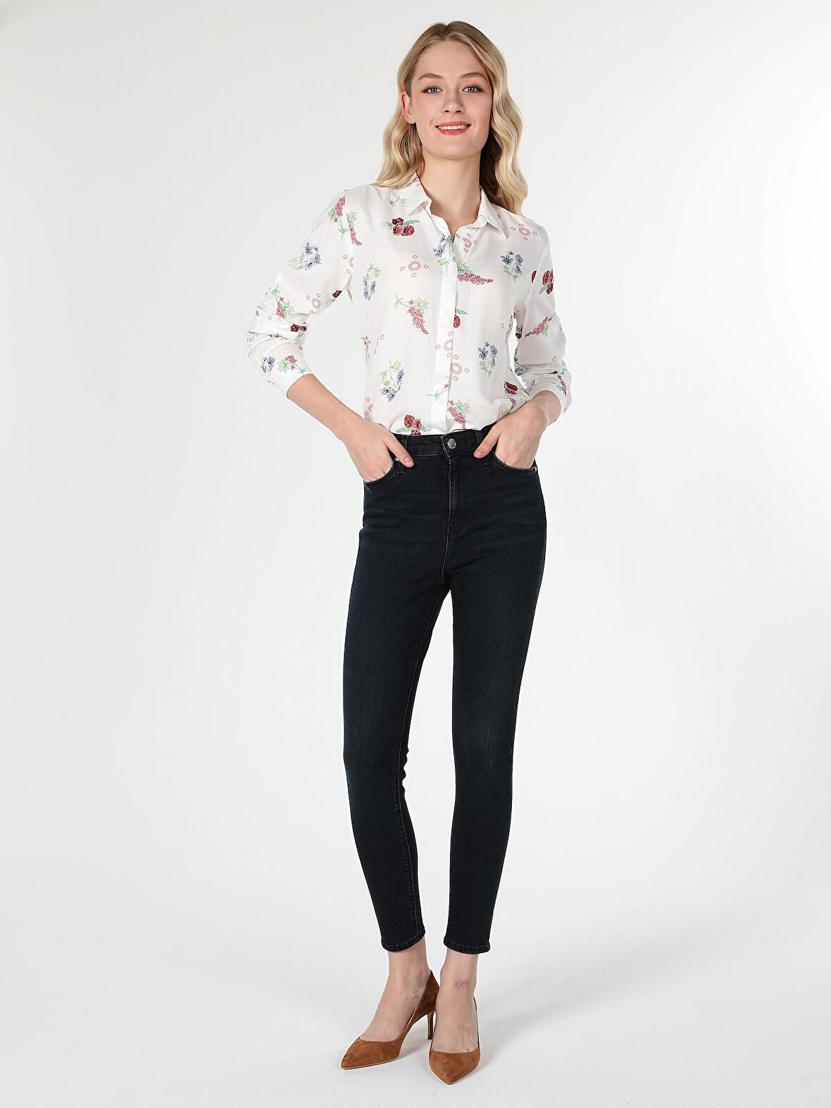 Slim Fit Baskılı Çok Renkli Kadın Uzun Kol Gömlek
