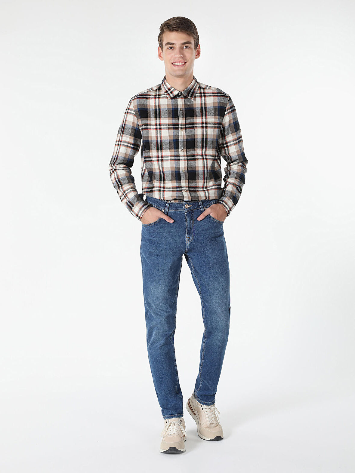 Slim Fit Ekoseli Bej Erkek Uzun Kol Gömlek