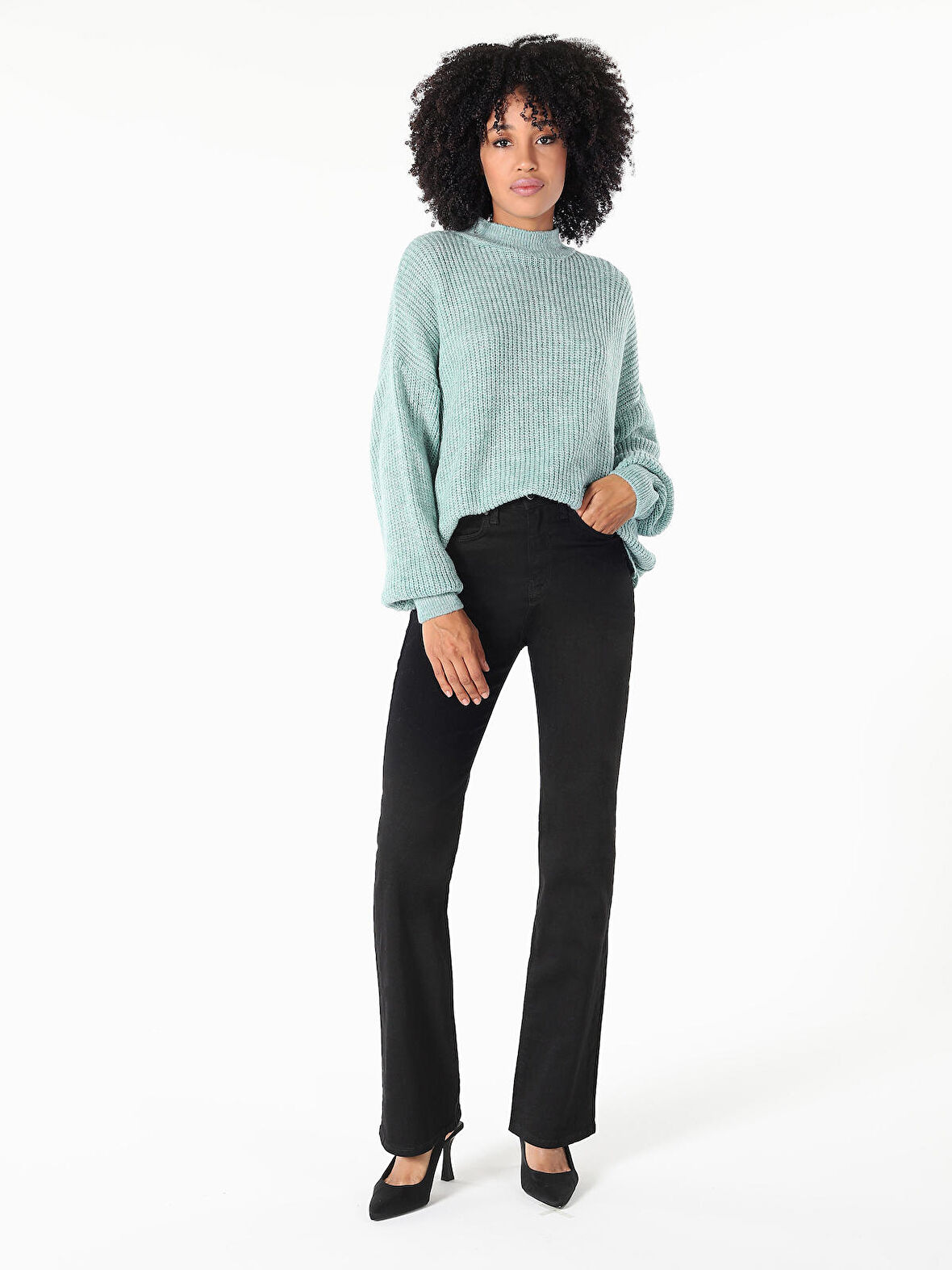 Regular Fit Dik Yaka Yeşil Kadın Kazak