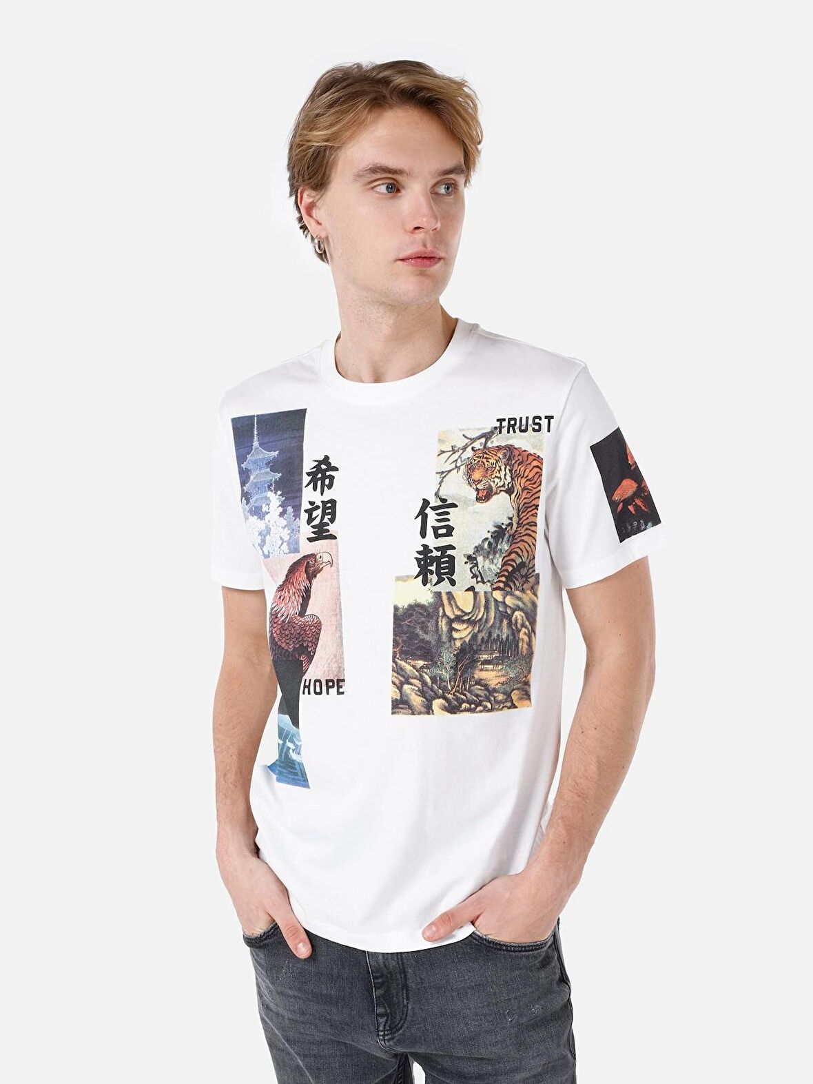 Normal Kesim Bisiklet Yaka Baskılı Beyaz Erkek Kısa Kol Tişört Cl1061631