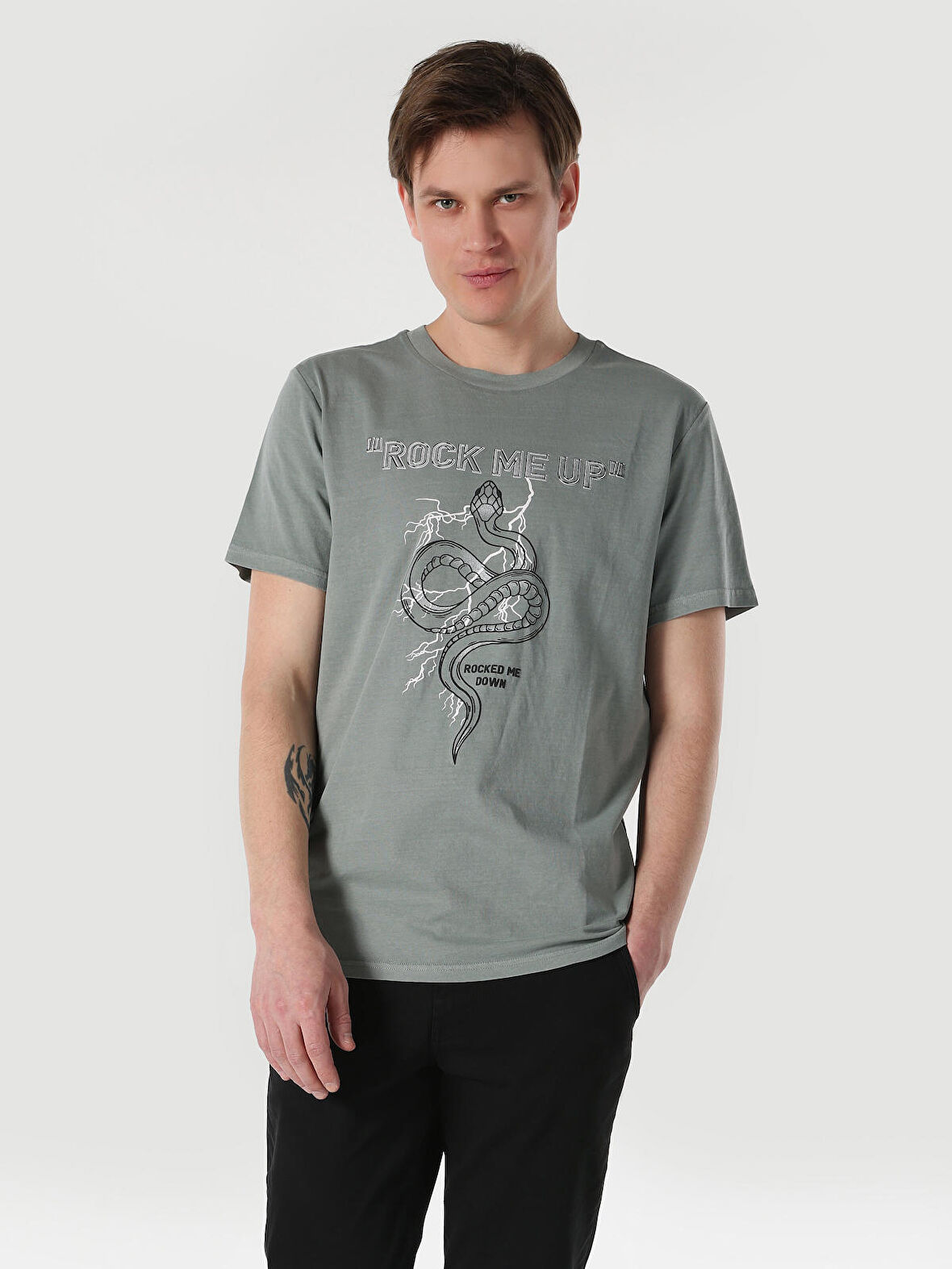 Regular Fit Bisiklet Yaka Baskılı Gri Erkek Kısa Kol Tişört