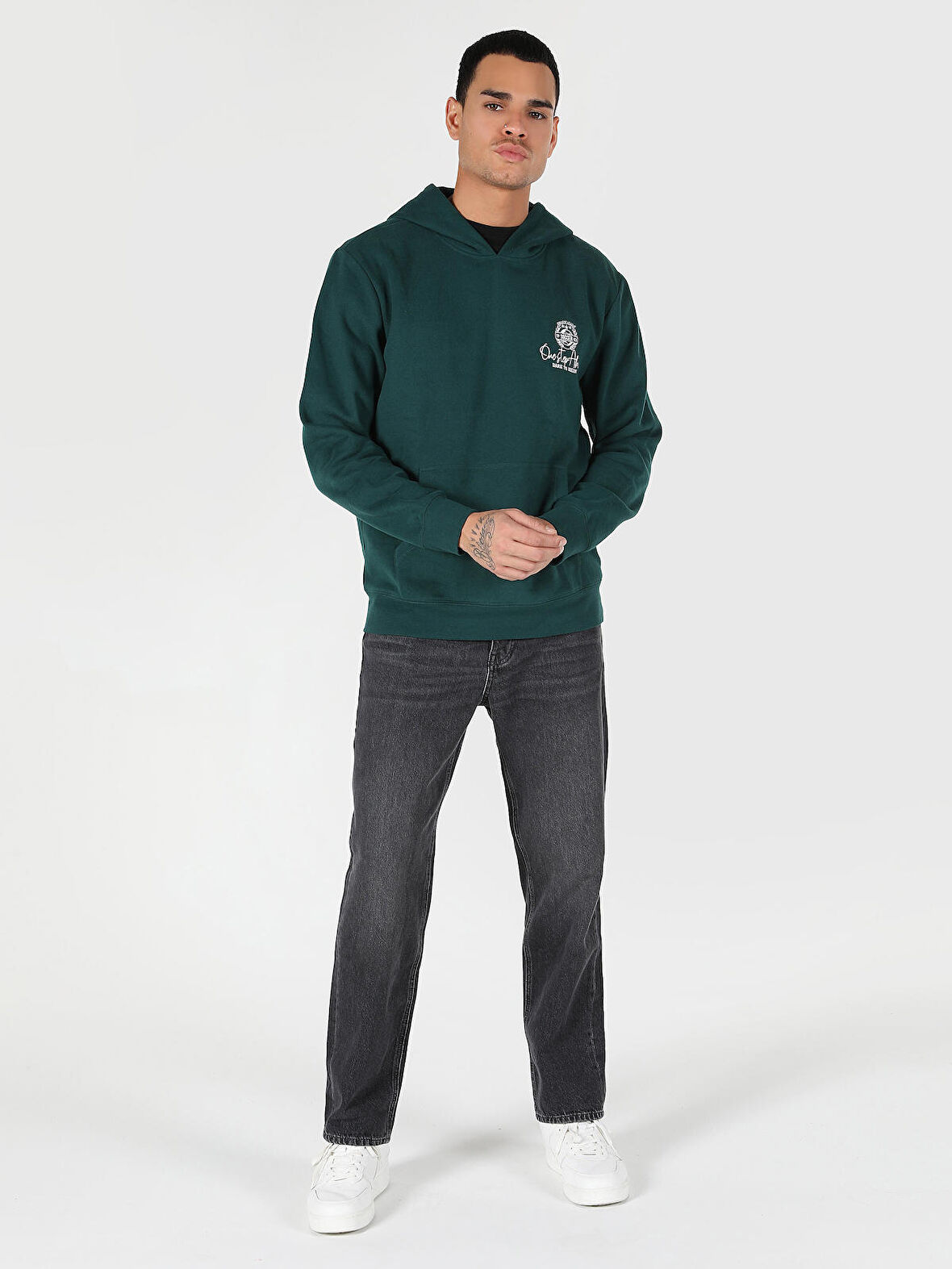 Regular Fit Baskılı Kapüşonlu Yeşil Erkek Sweatshirt