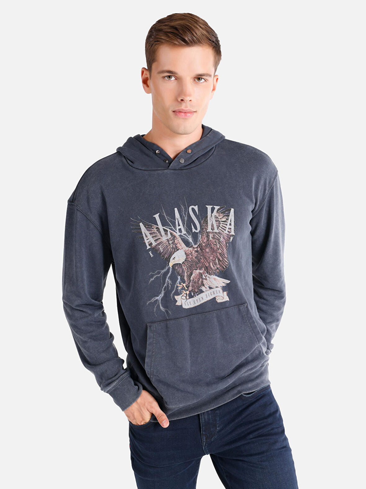 Regular Fit Baskılı Kapüşonlu Antrasit Erkek Sweatshirt