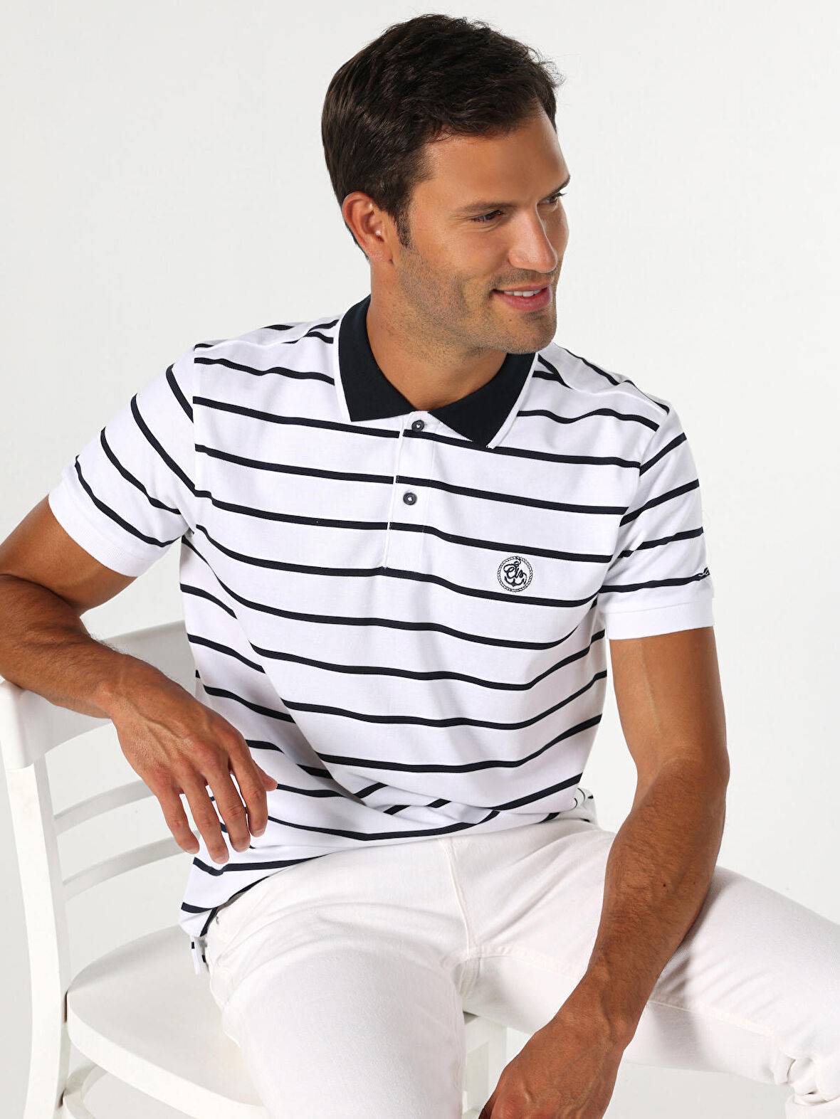 Regular Fit Çizgili Beyaz Erkek Polo Yaka Kısa Kol Tişört