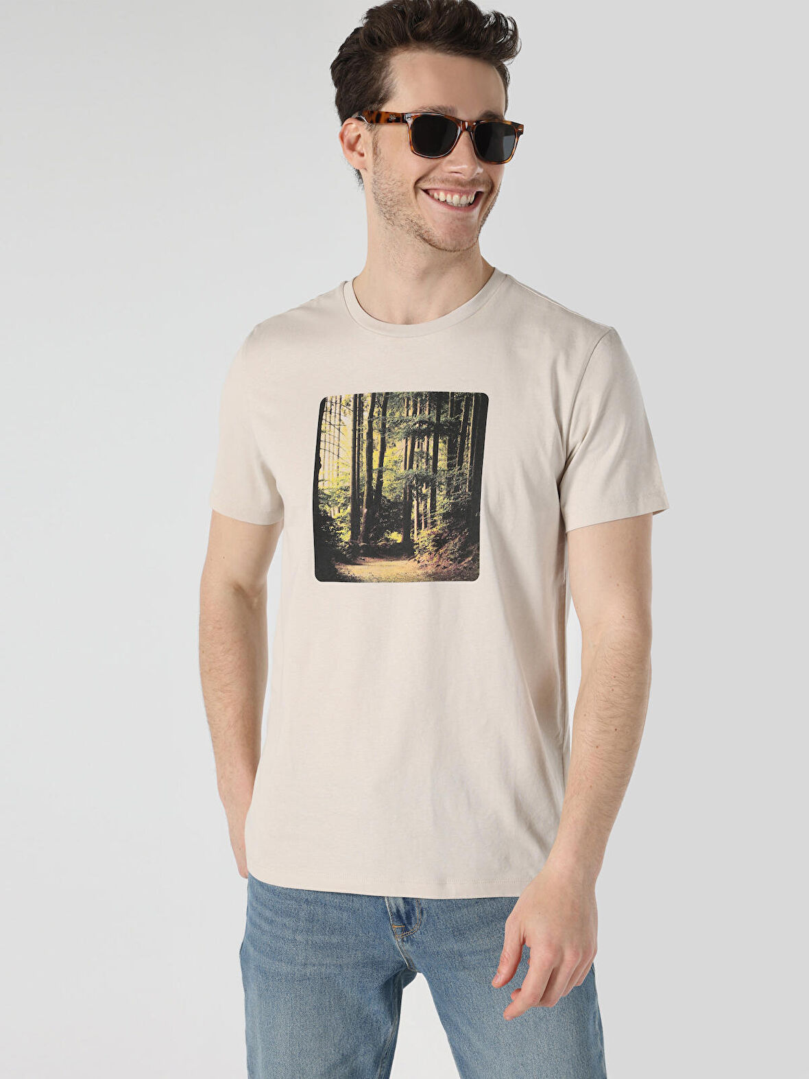 Regular Fit Baskılı Bej Erkek Kısa Kol Tişört