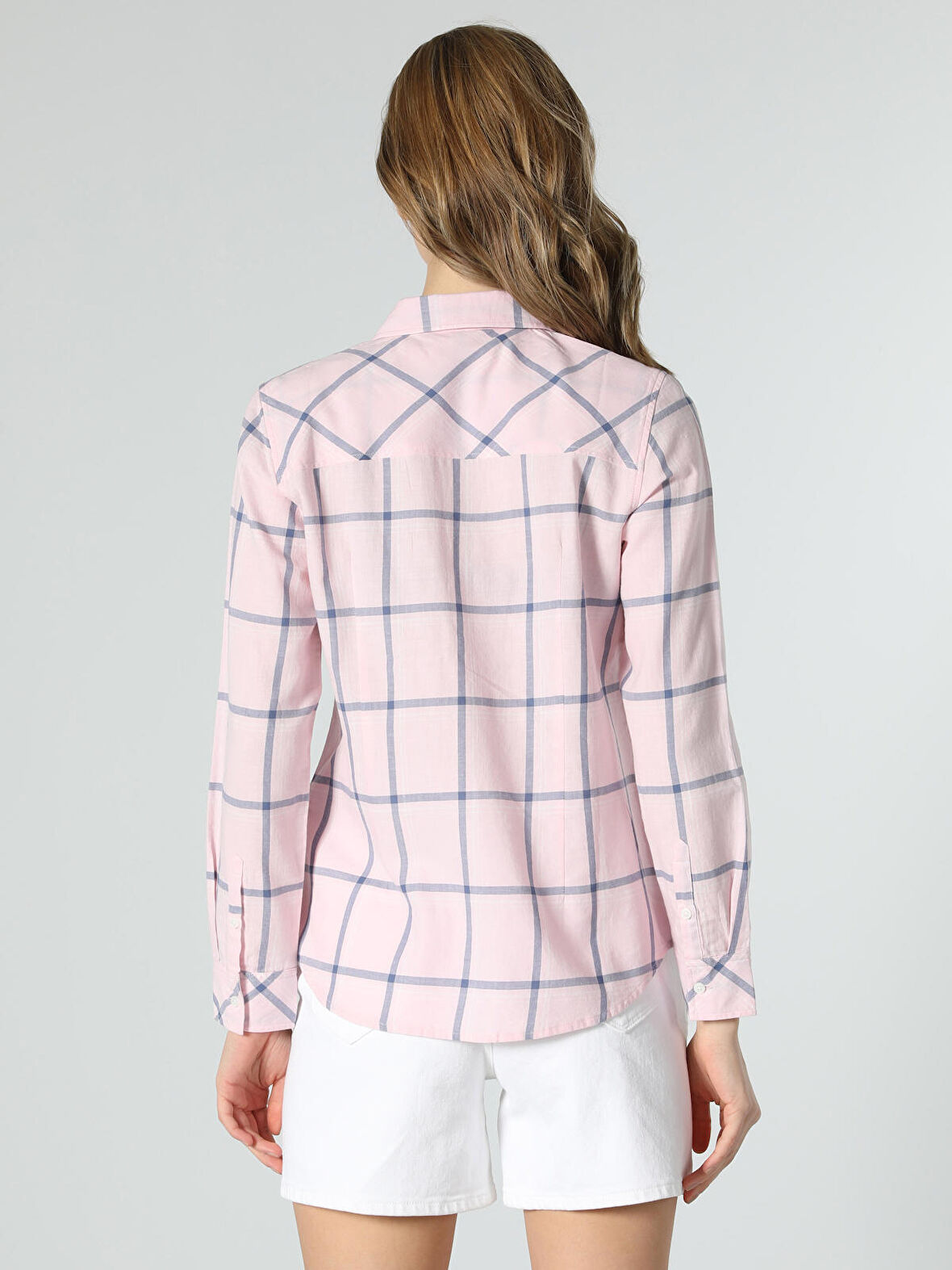 Slim Fit Çizgili Pembe Kadın Uzun Kol Gömlek