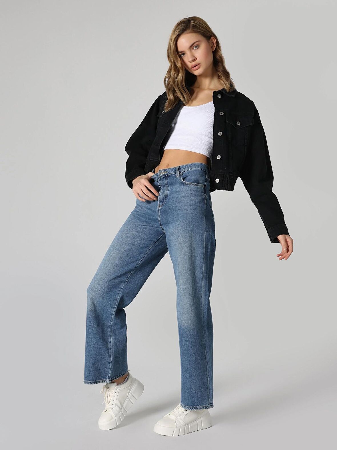 970 Berry Regular Fit Yüksek Bel Geniş Paça Gri Kadın Pantolon Cl1062322