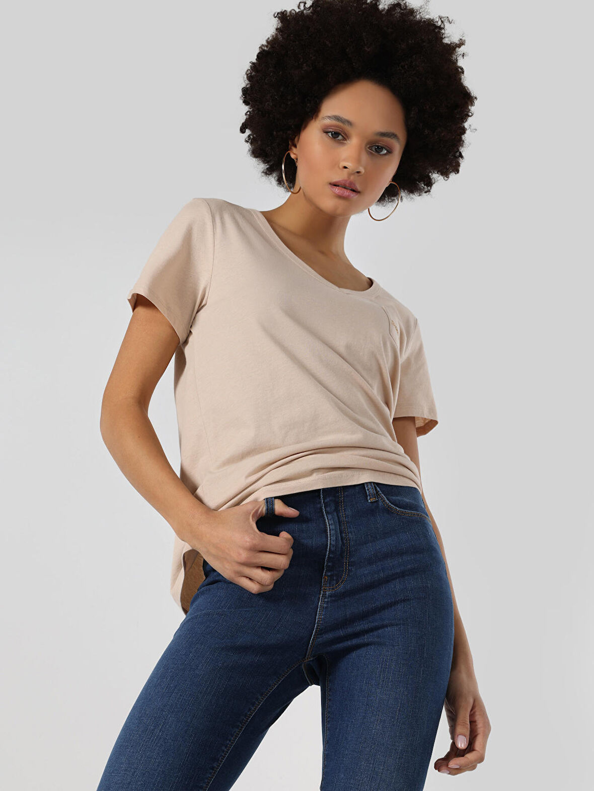 Regular Fit Bej Kadın Kısa Kol Tişört