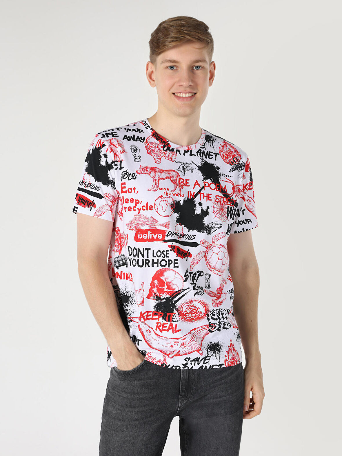 Regular Fit Baskılı Beyaz Erkek Kısa Kol Tişört