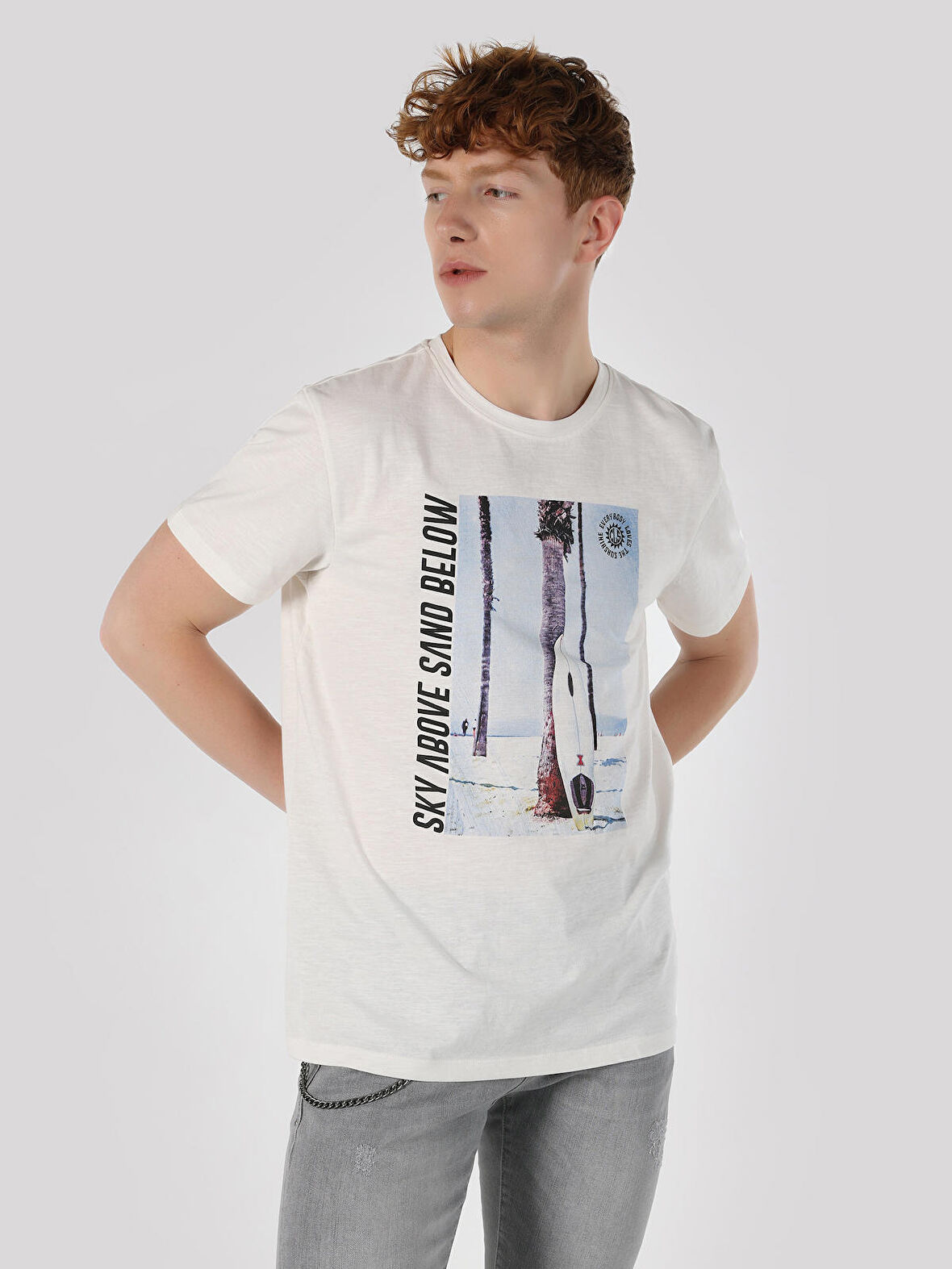 Regular Fit Bisiklet Yaka Baskılı Beyaz Erkek Kısa Kol Tişört