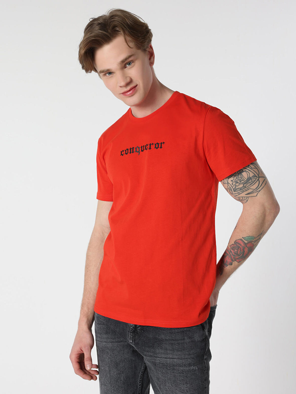 Regular Fit Baskılı Bisiklet Yaka Kırmızı Erkek Kısa Kol Tişört