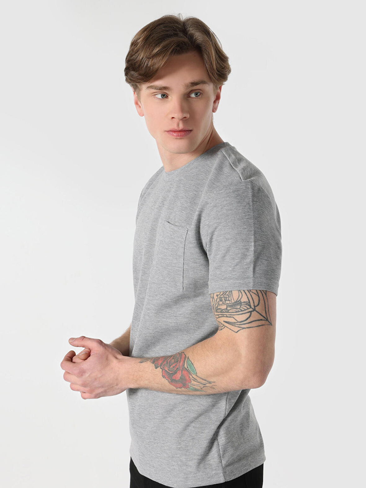 Regular Fit Bisiklet Yaka Basic Gri Erkek Kısa Kol Tişört