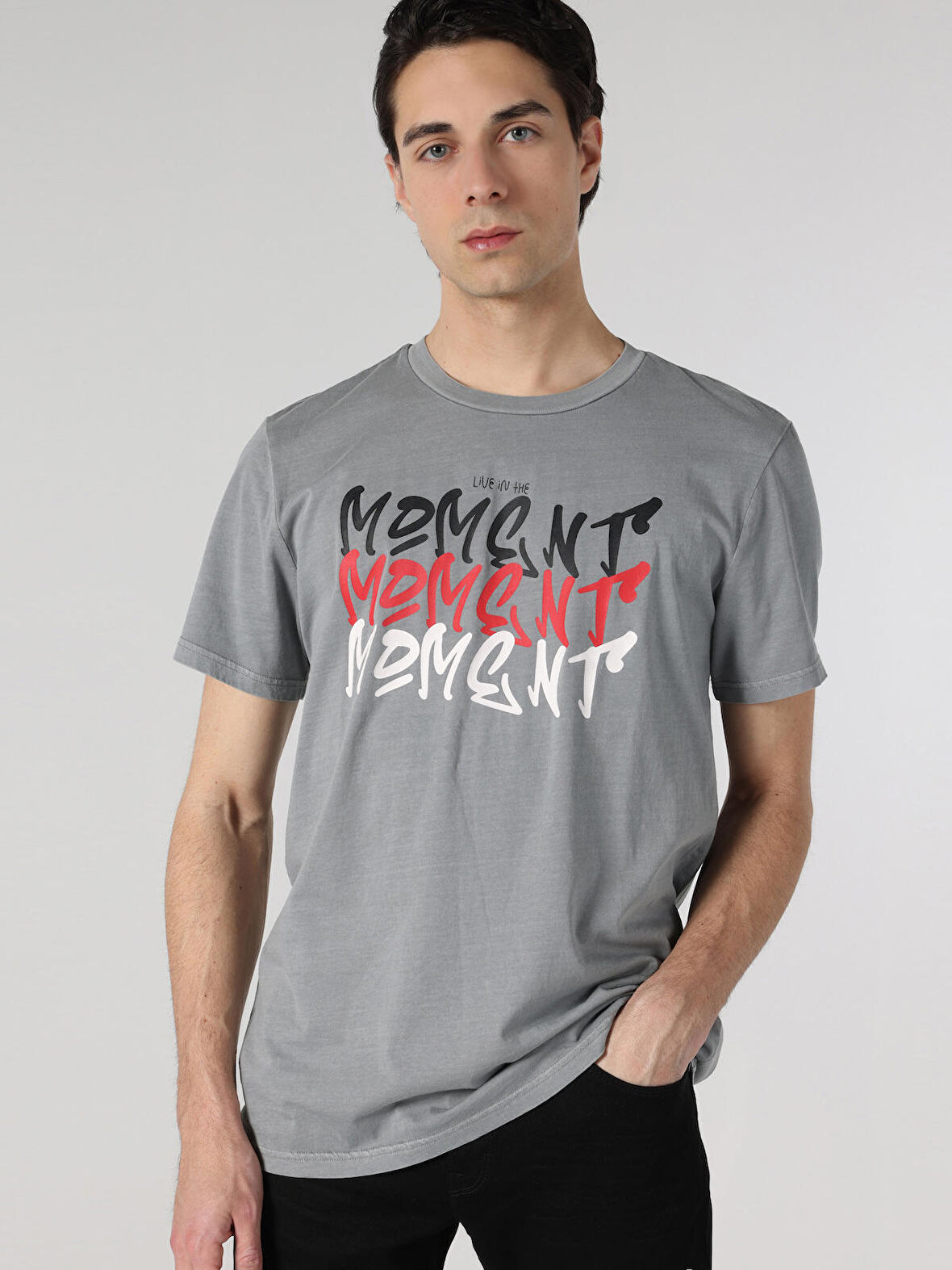 Regular Fit Baskılı Gri Erkek Kısa Kol Tişört