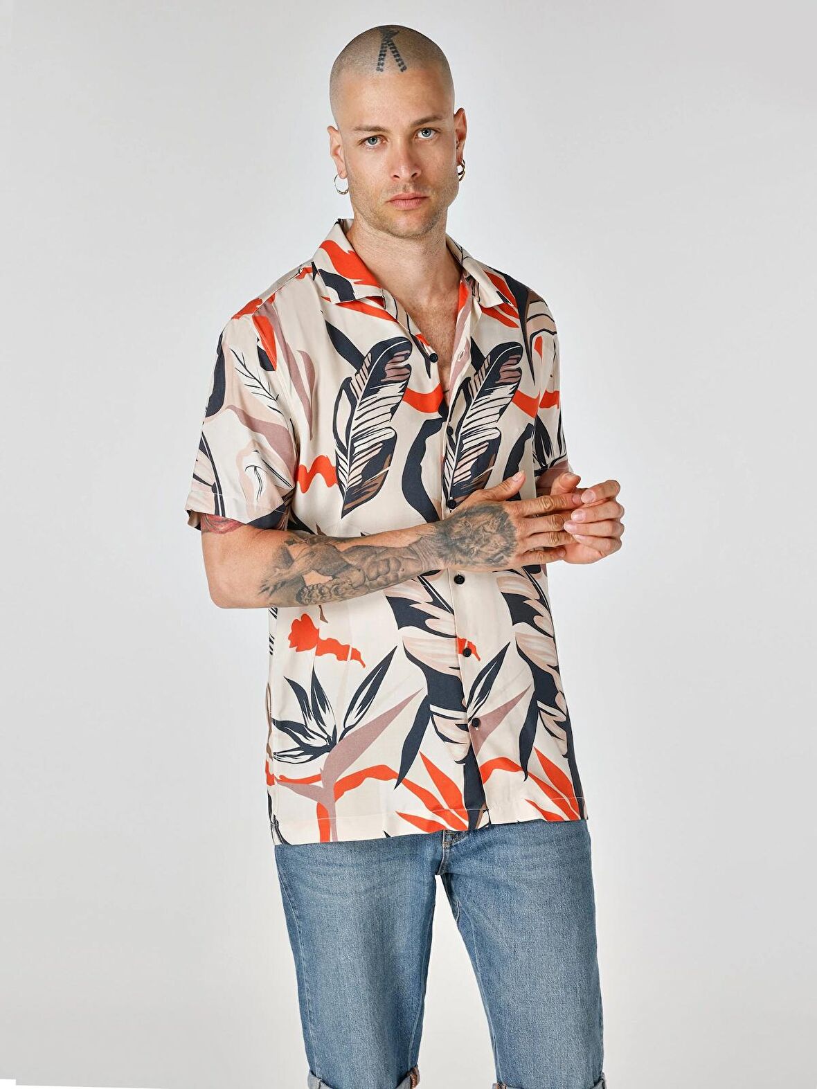 Regular Fit Baskılı Bej Erkek Kısa Kol Gömlek