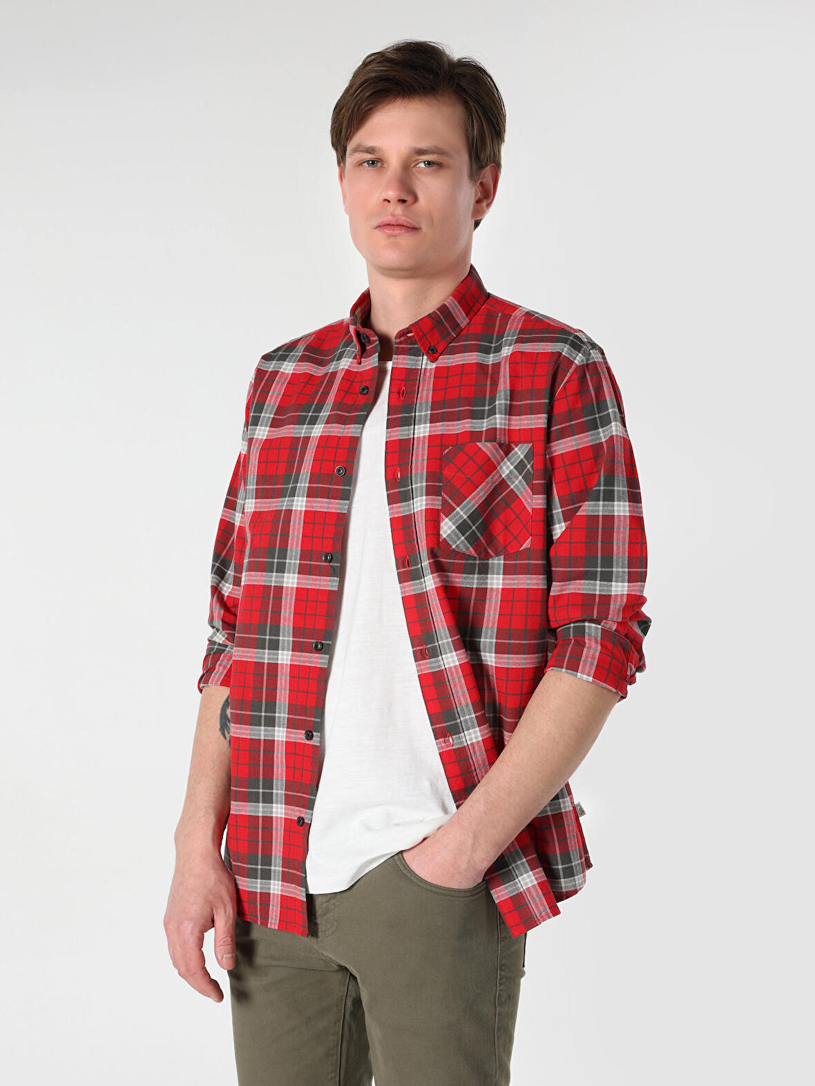 Regular Fit Kareli Kırmızı Erkek Uzun Kol Gömlek