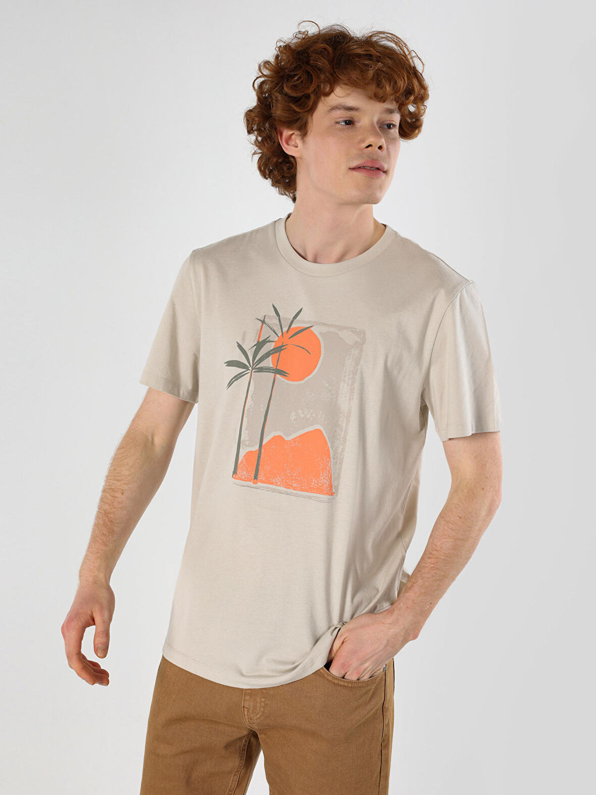 Regular Fit Bisiklet Yaka Baskılı Bej Erkek Kısa Kol Tişört