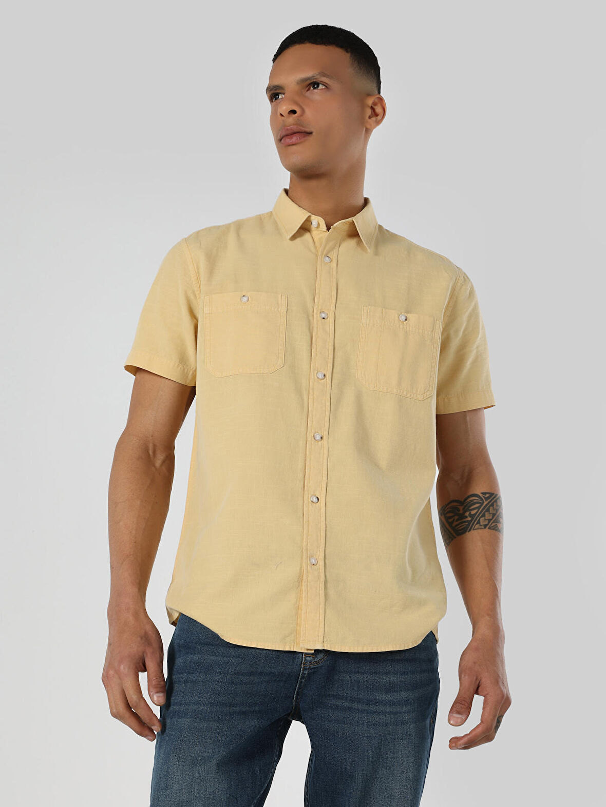 Regular Fit Basic Sarı Erkek Kısa Kol Gömlek
