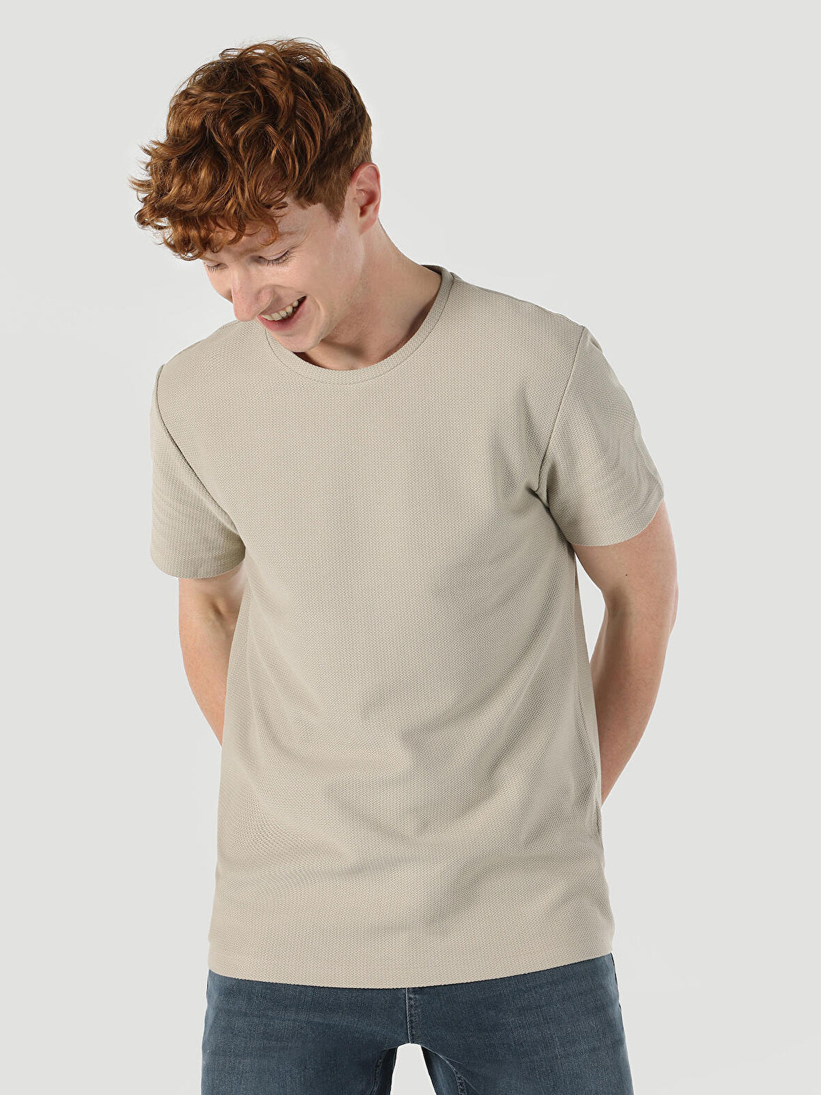 Regular Fit Bisiklet Yaka Basic Bej Erkek Kısa Kol Tişört