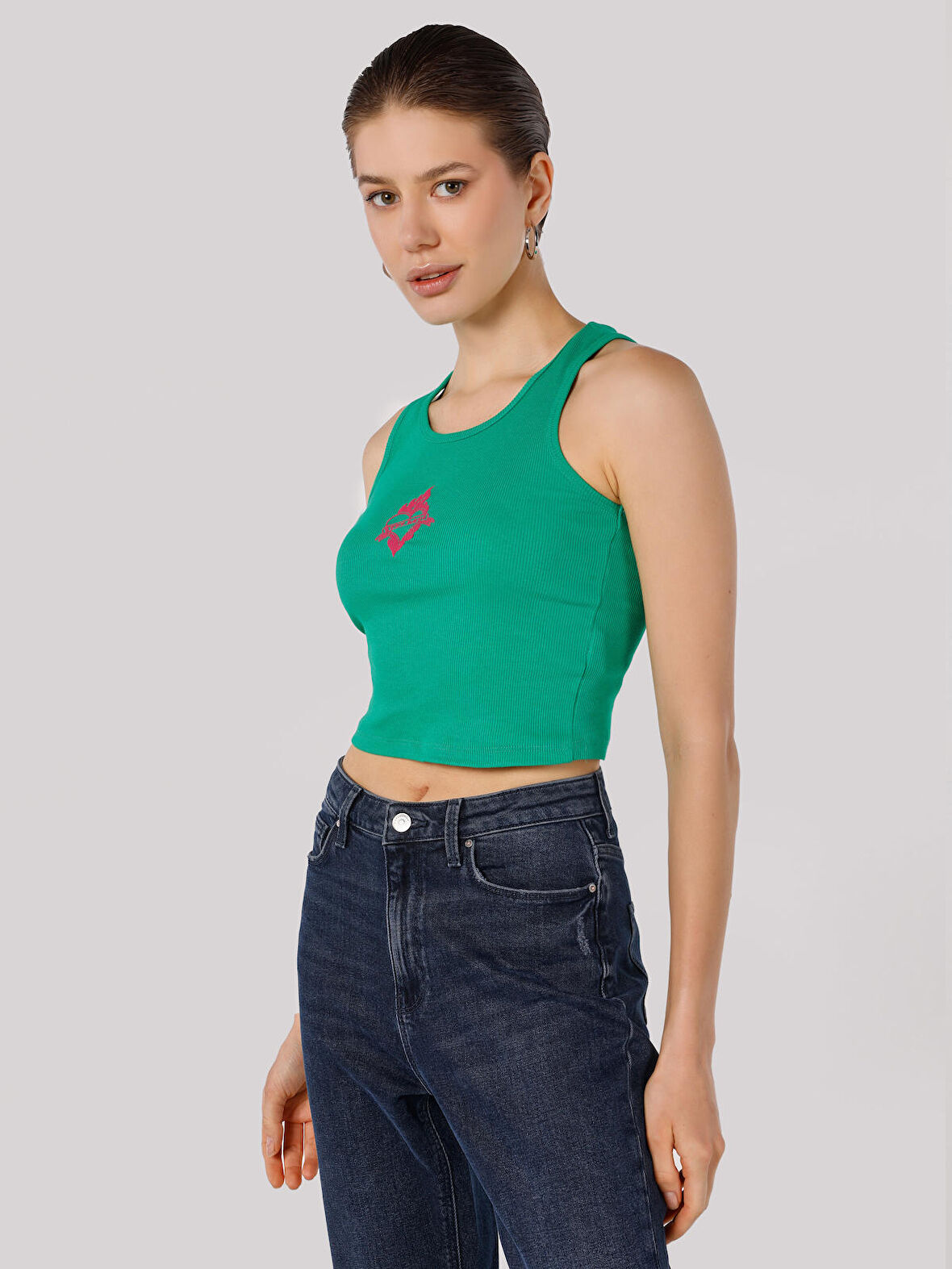 Regular Fit Baskılı Crop Yeşil Kadın Atlet