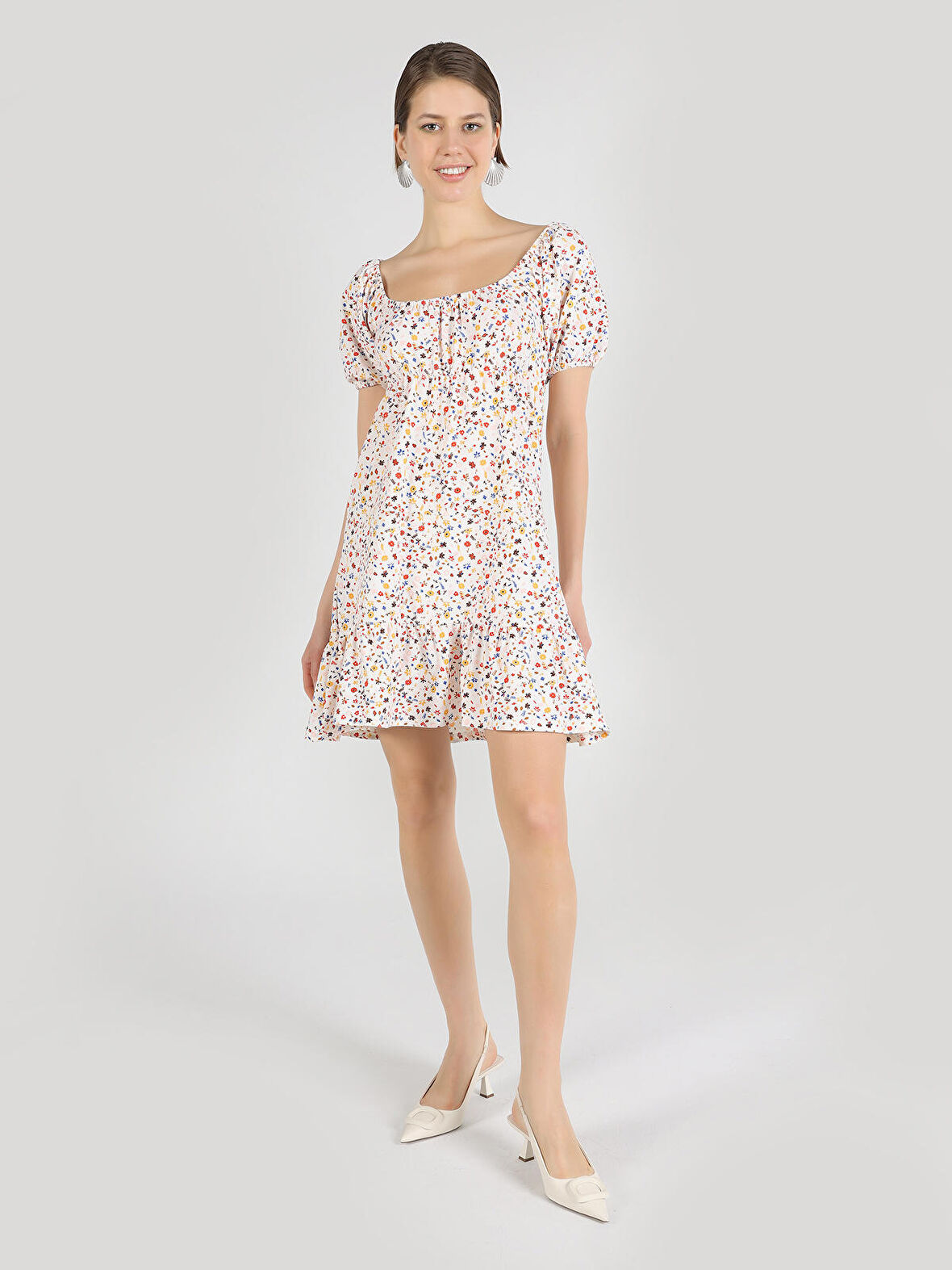 Regular Fit Kare Yaka Baskılı Çok Renkli Kadın Elbise