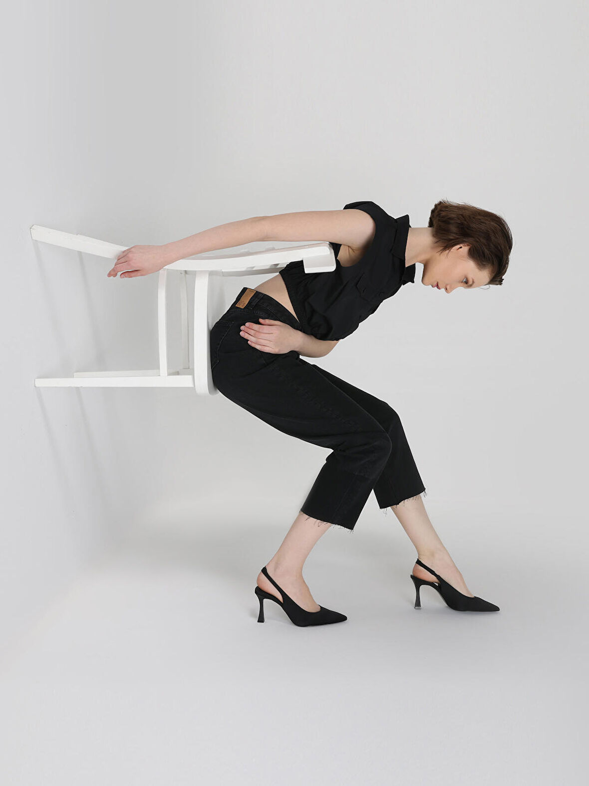 Regular Fit Cepli Crop Siyah Kadın Kısa Kol Gömlek