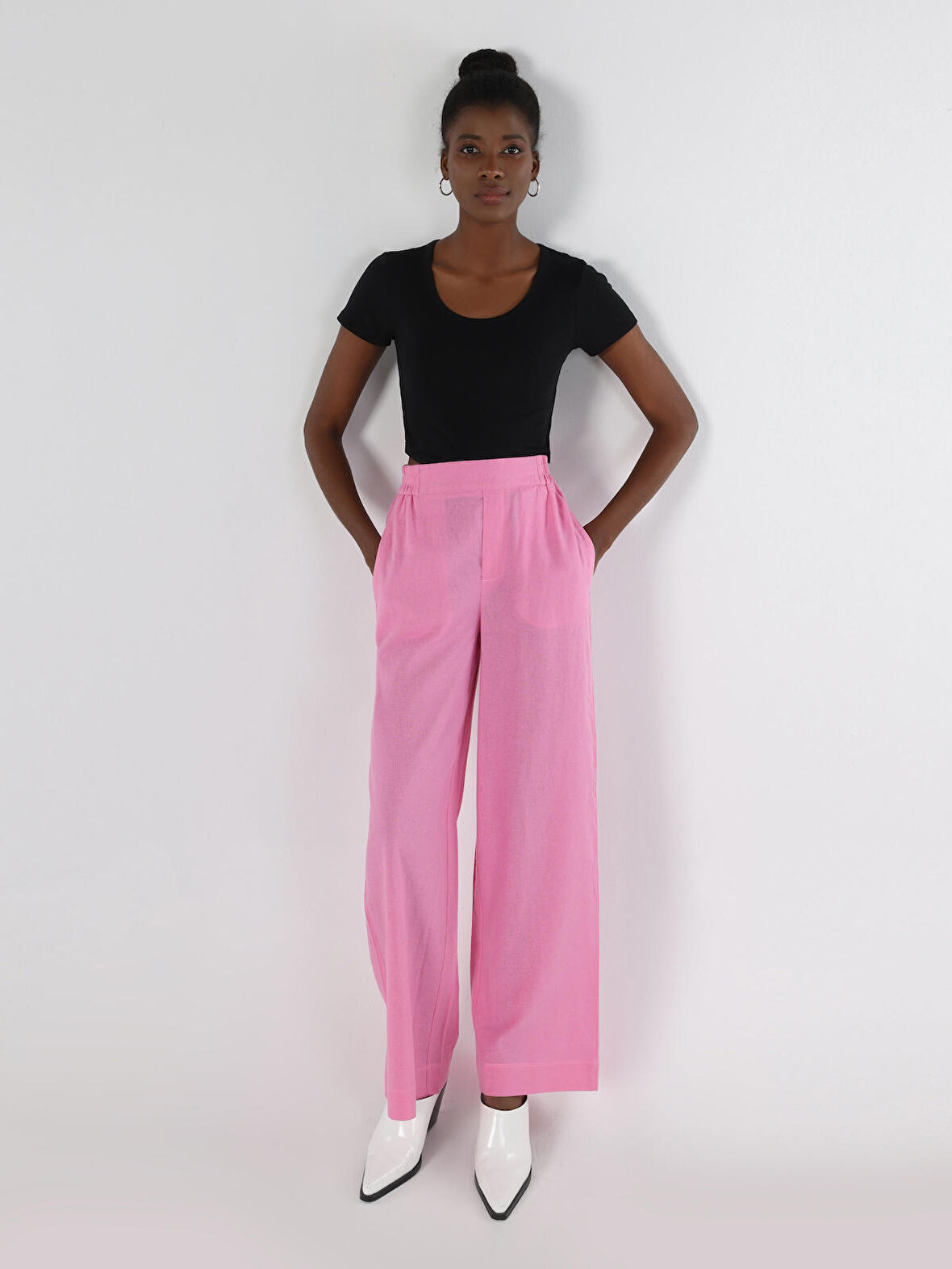 Regular Fit Yüksel Bel Geniş Paça Pembe Kadın Pantolon