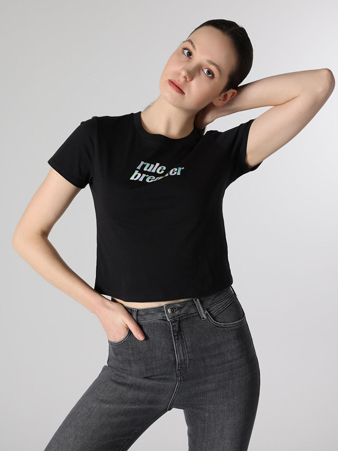 Regular Fit Bisiklet Yaka Baskılı Siyah Kadın Kısa Kol Tişört