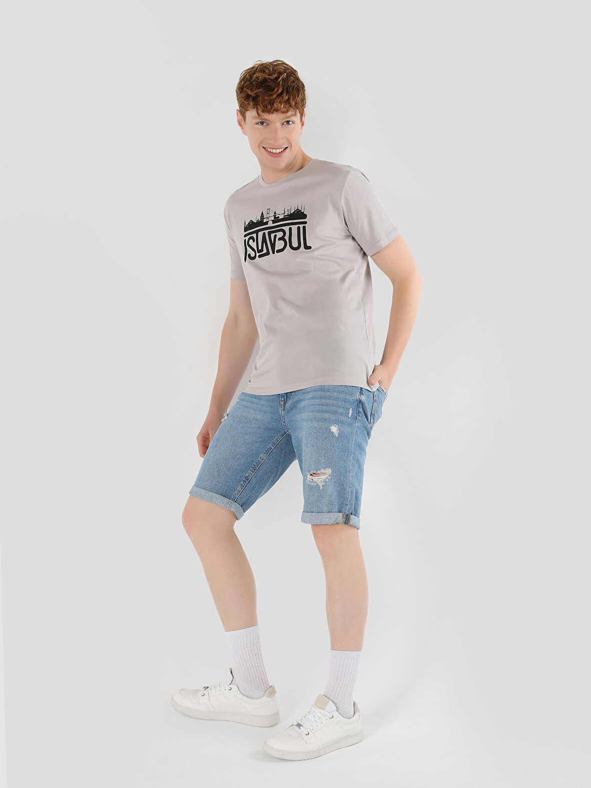 Regular Fit Bisiklet Yaka Baskılı Gri Erkek Kısa Kol Tişört