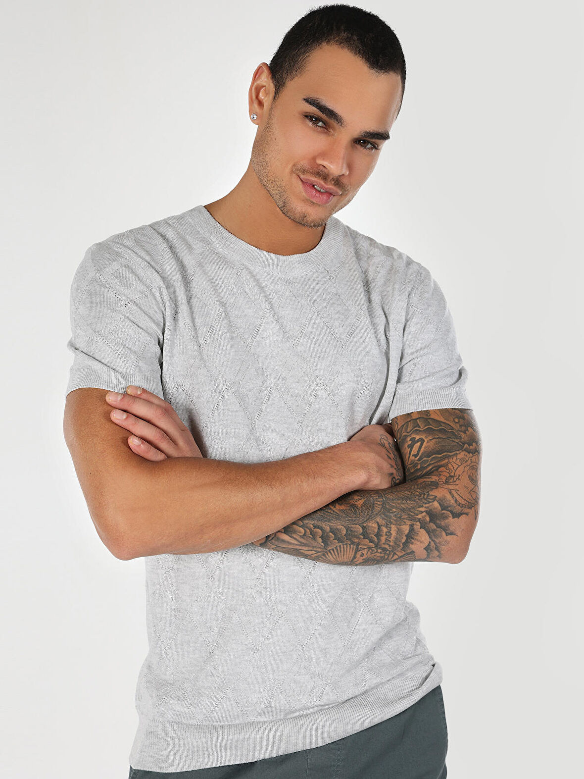 Regular Fit Bisiklet Yaka Gri Erkek Kazak