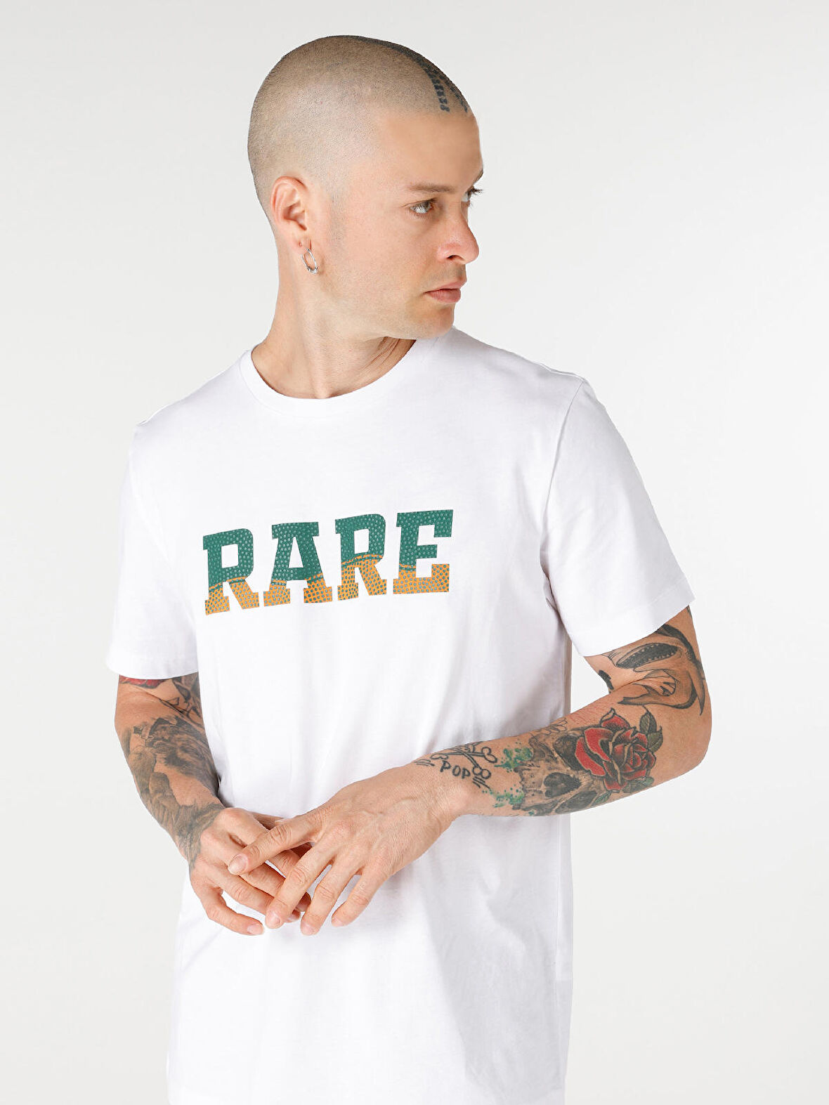 Regular Fit Bisiklet Yaka Baskılı Beyaz Erkek Kısa Kol Tişört