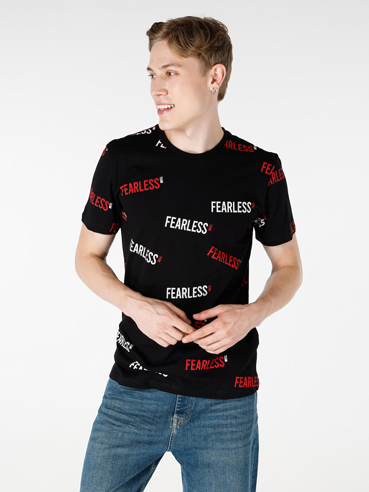 Regular Fit Bisiklet Yaka Baskılı Siyah Erkek Kısa Kol Tişört