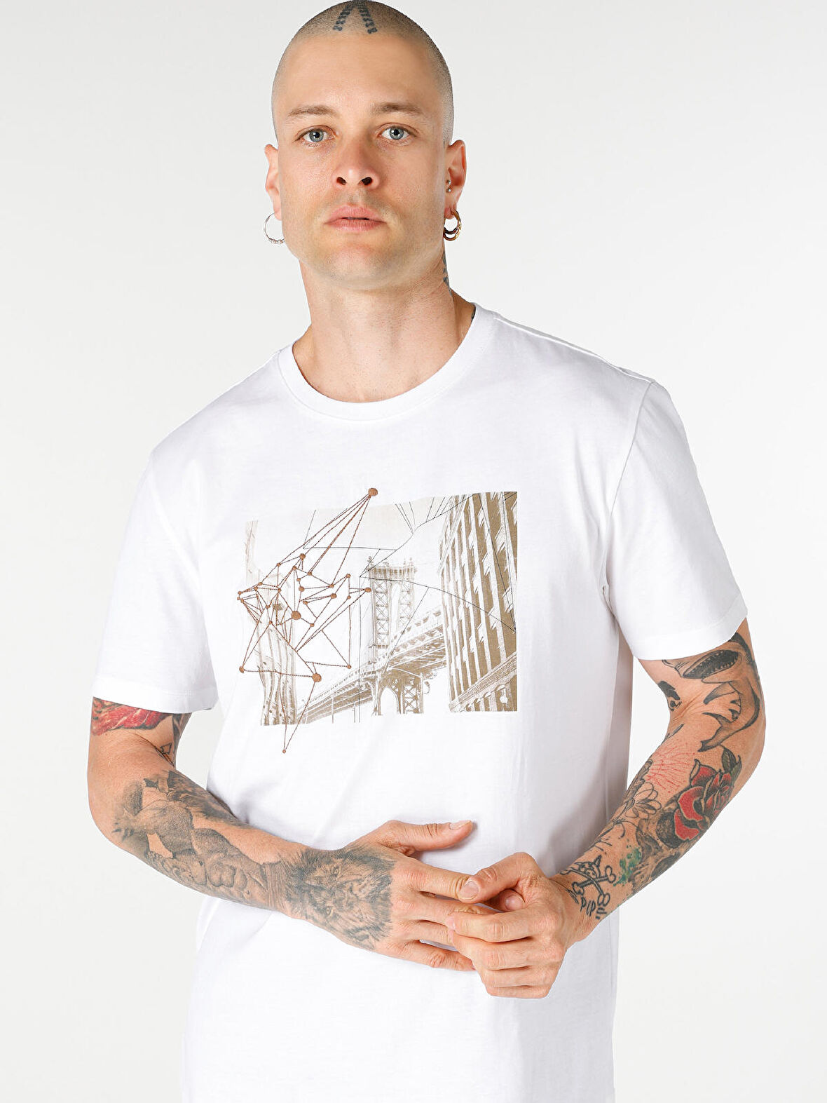 Regular Fit Bisiklet Yaka Baskılı Beyaz Erkek Kısa Kol Tişört