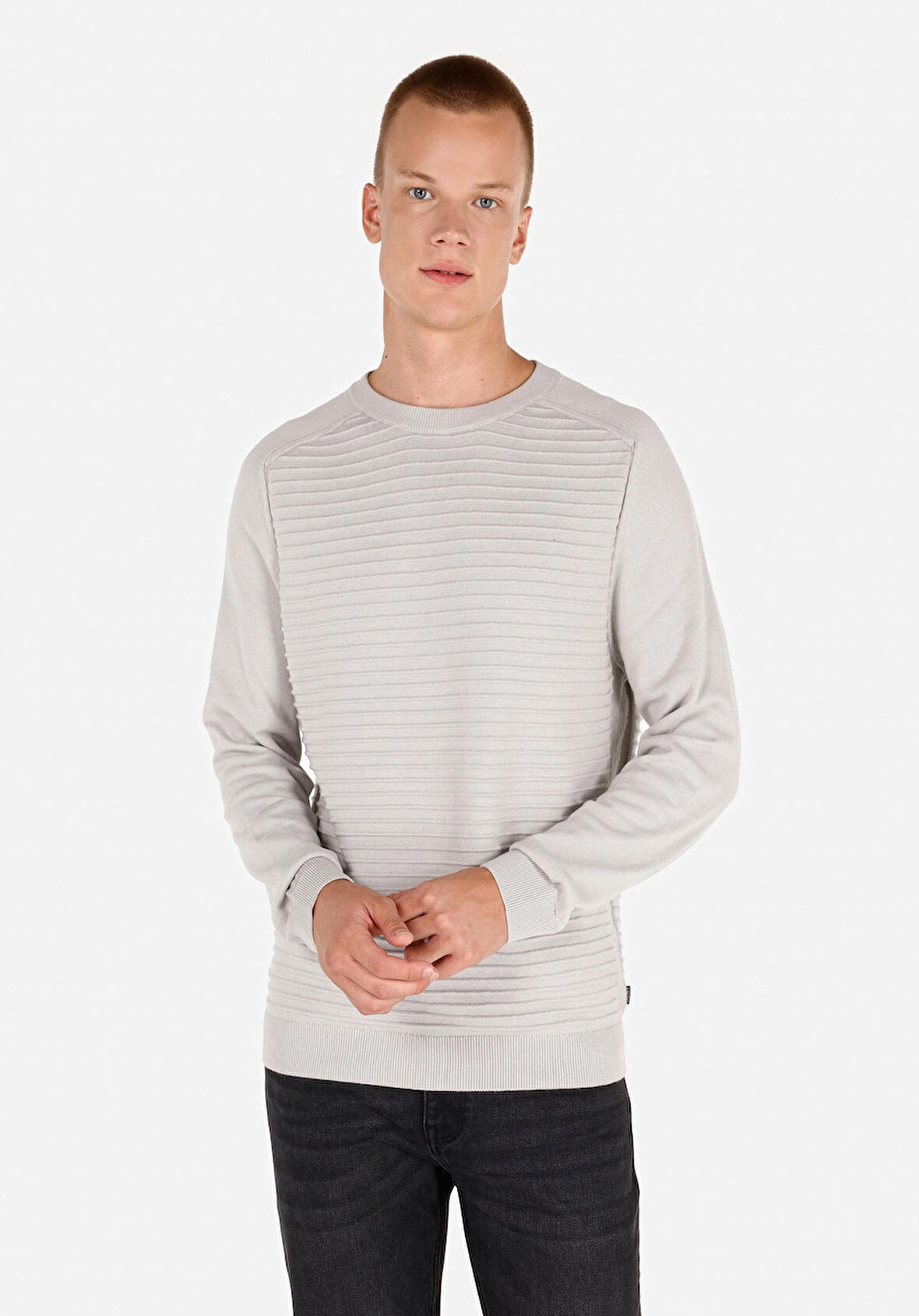 Regular Fit Yuvarlak Yaka Jakarlı Erkek Gri Kazak