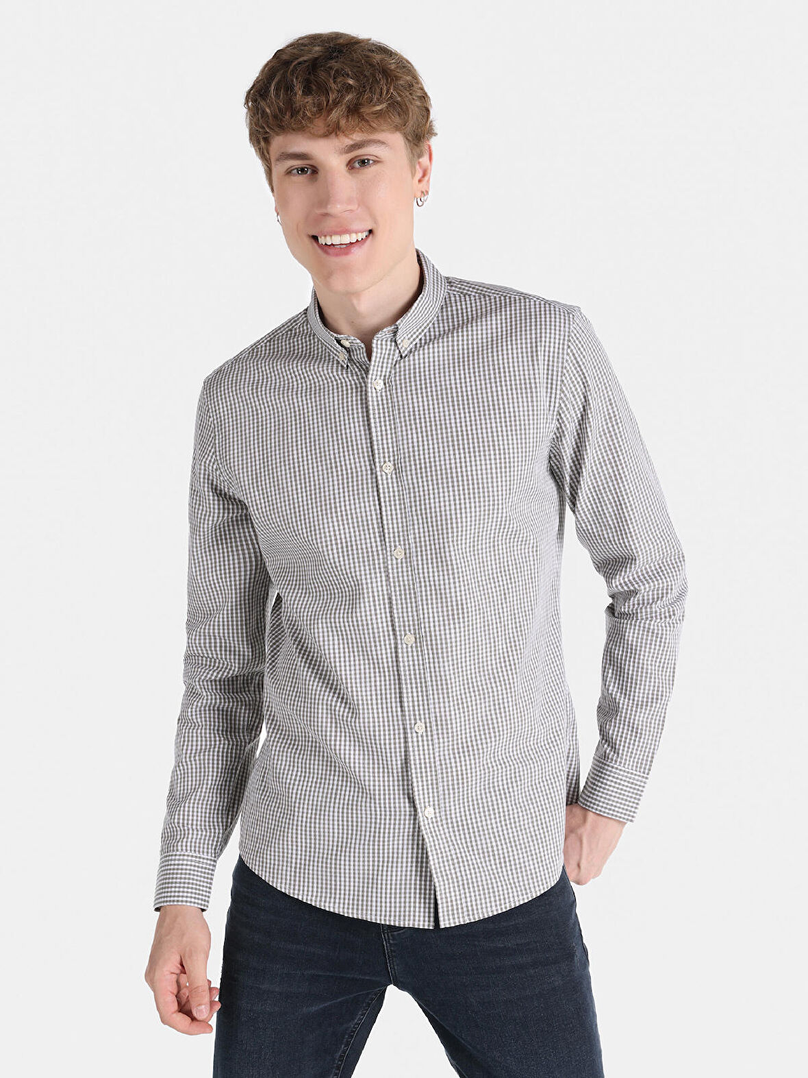 Slim Fit Kareli Gri Erkek Uzun Kol Gömlek