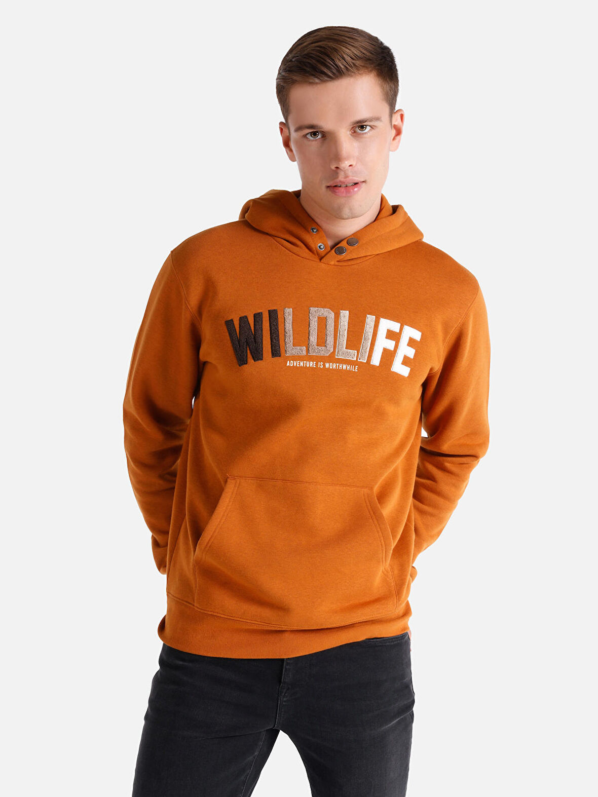 Regular Fit Baskılı Kapüşonlu Camel Erkek Sweatshirt