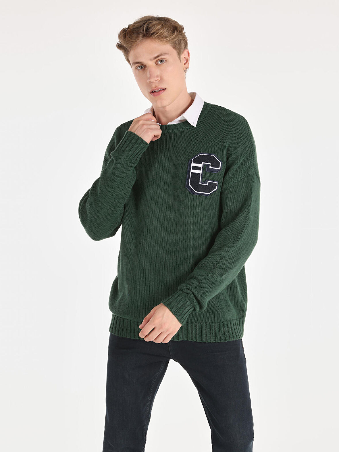 Regular Fit Baskılı Triko Yeşil Erkek Kazak