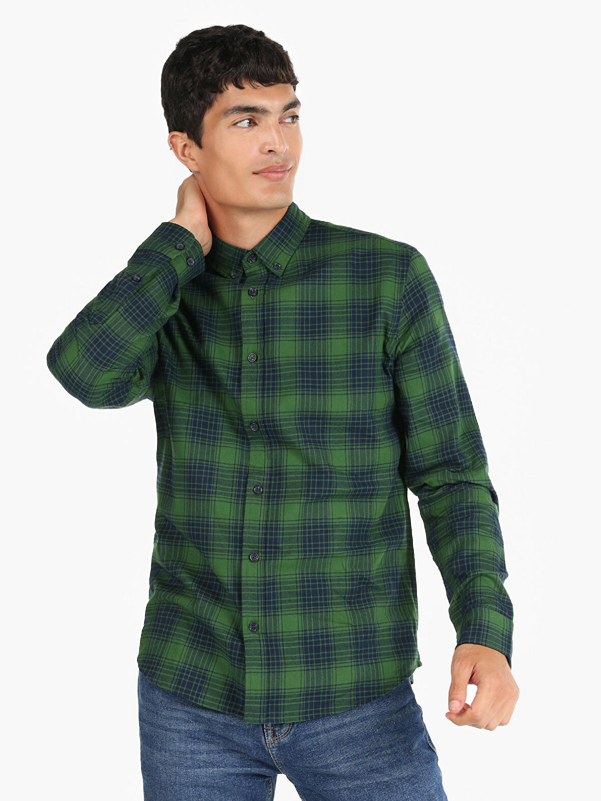 Slim Fit Kareli Yeşil Erkek Uzun Kol Gömlek