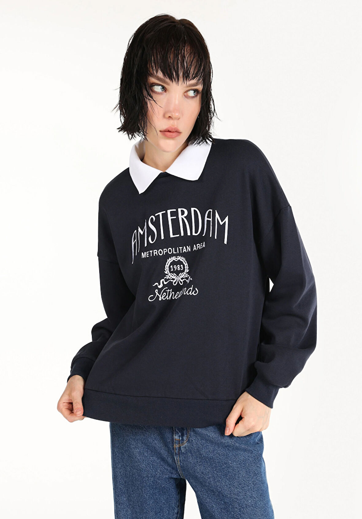 Regular Fit Polo Yaka Nakışlı Kadın Lacivert Sweatshirt