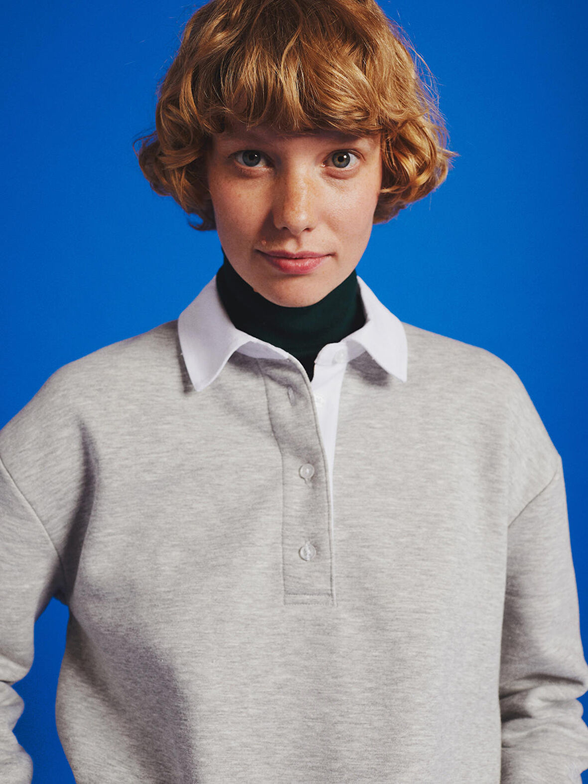 Regular Fit Polo Yaka Gri Kadın Uzun Kol Tişört