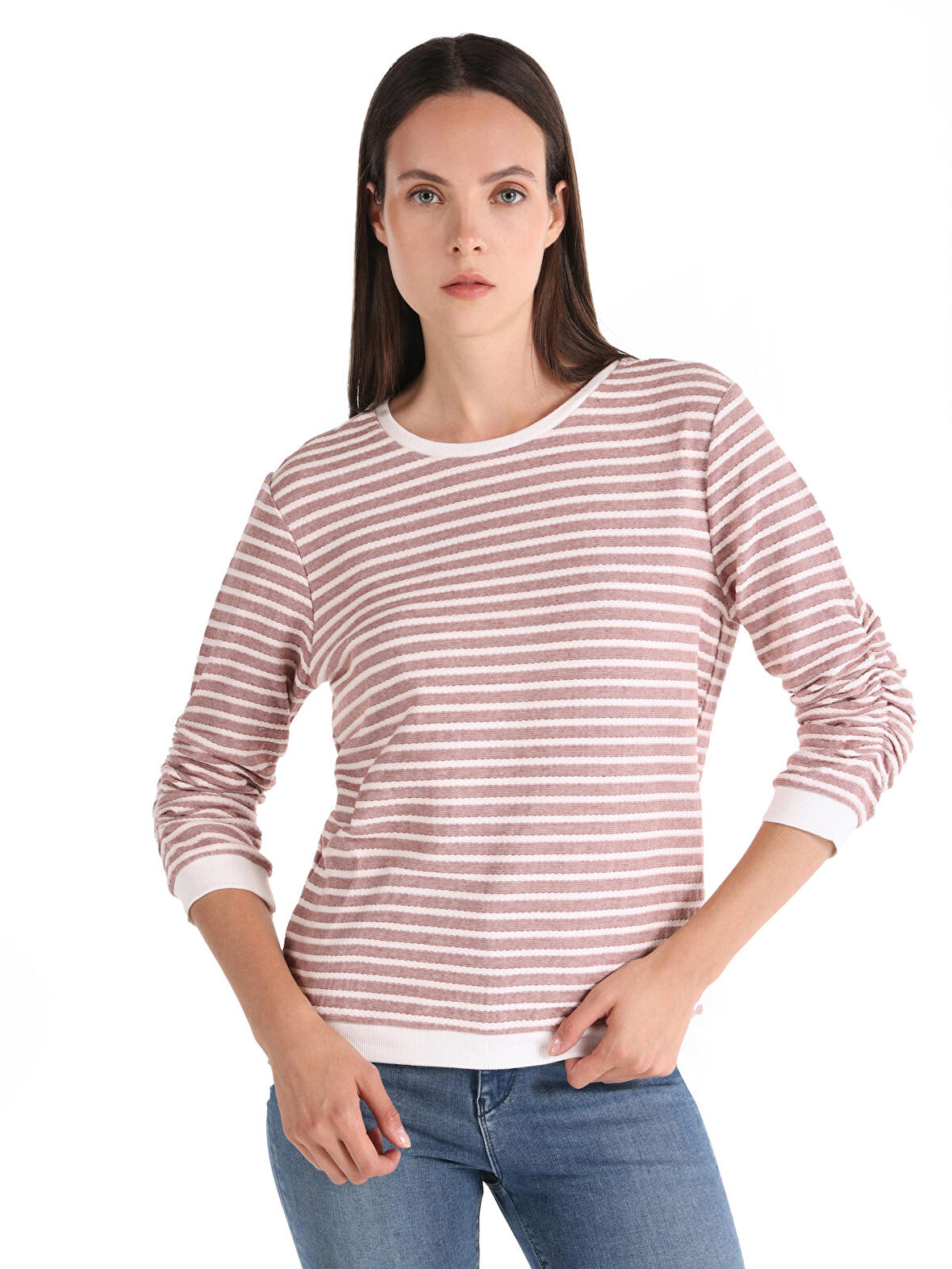 Regular Fit Bisiklet Yaka Çizgili Pembe Kadın Uzun Kol Tişört