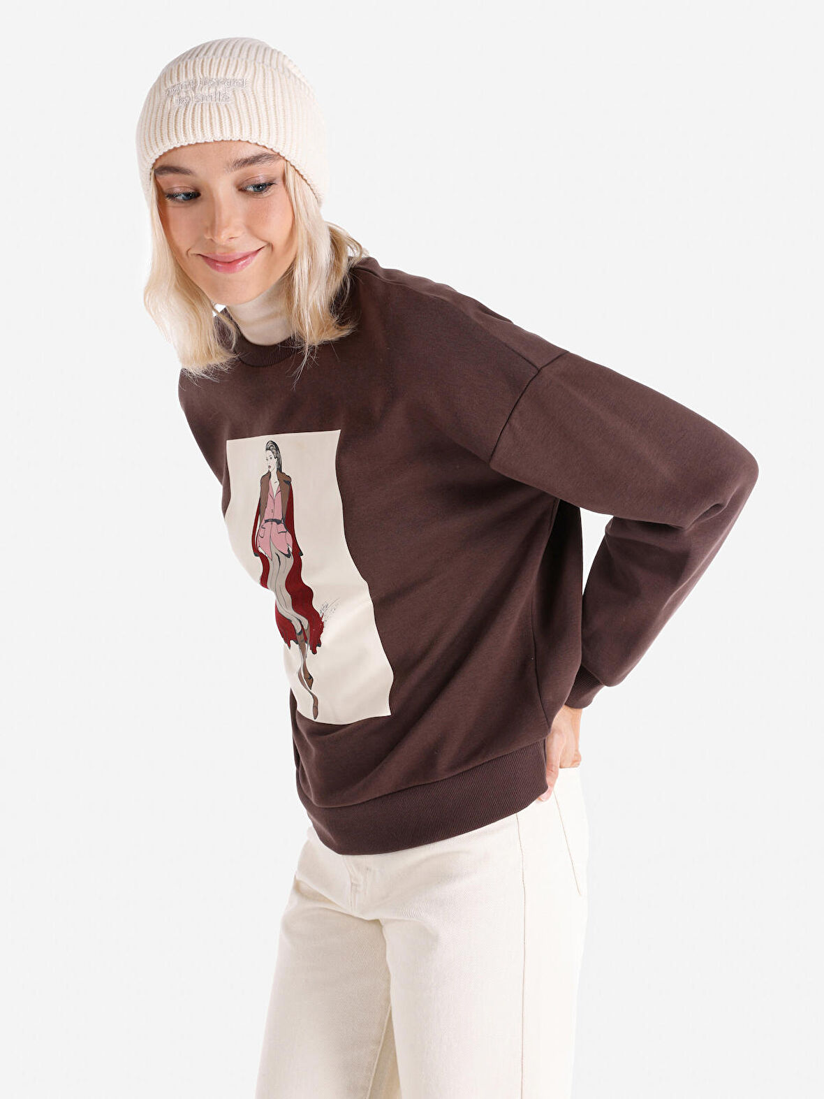 Regular Fit Baskılı Kahverengi Kadın Sweatshirt
