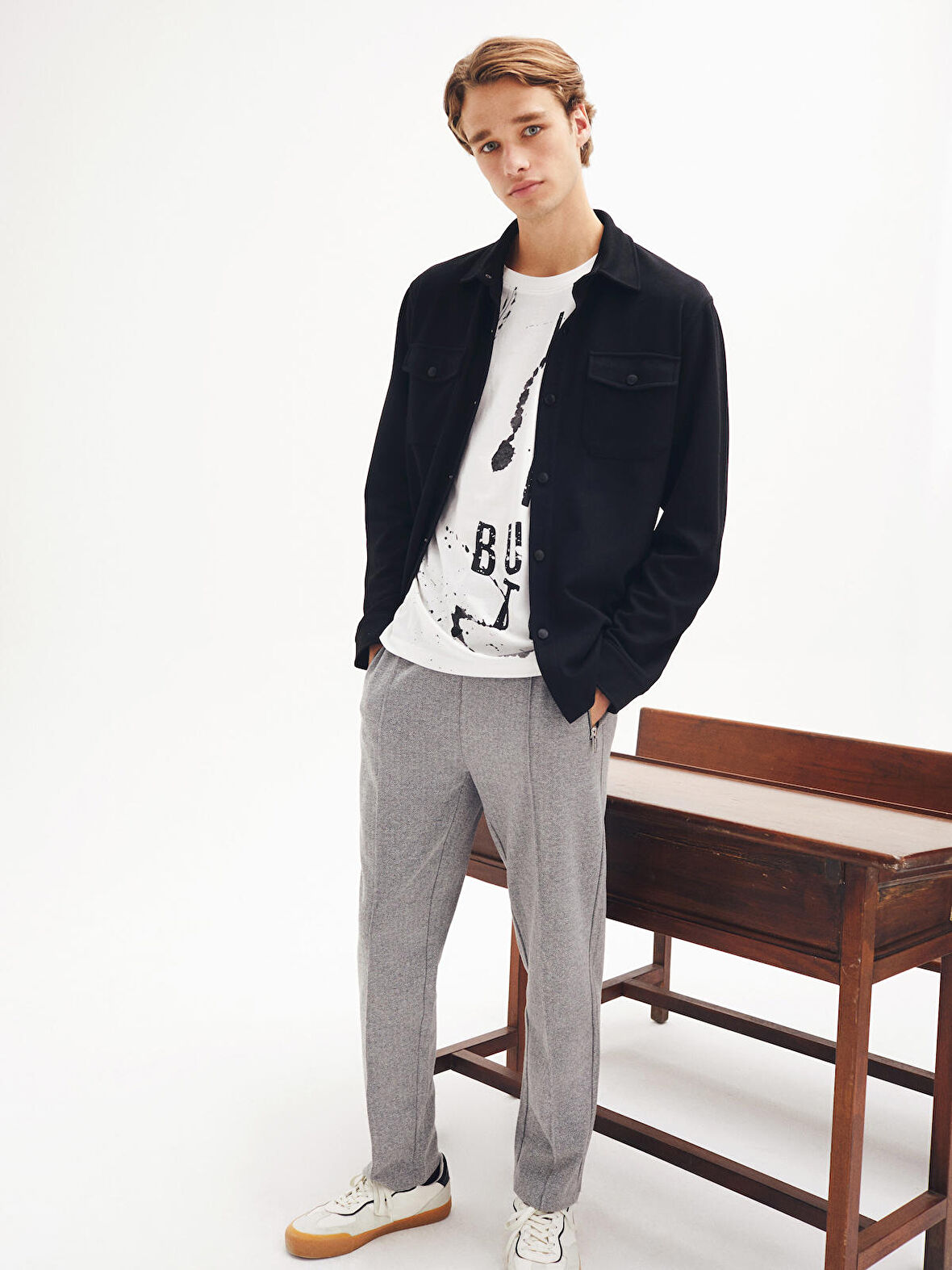 Regular Fit Bisiklet Yaka Baskılı Beyaz Erkek Kısa Kol Tişört