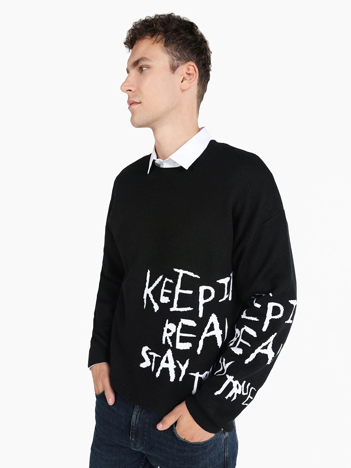 Regular Fit Bisiklet Yaka Yazı Baskılı Siyah Erkek Kazak