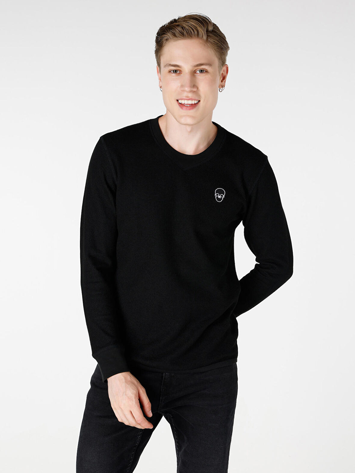 Regular Fit Bisiklet Yaka Baskılı Siyah Erkek Uzun Kol Tişört