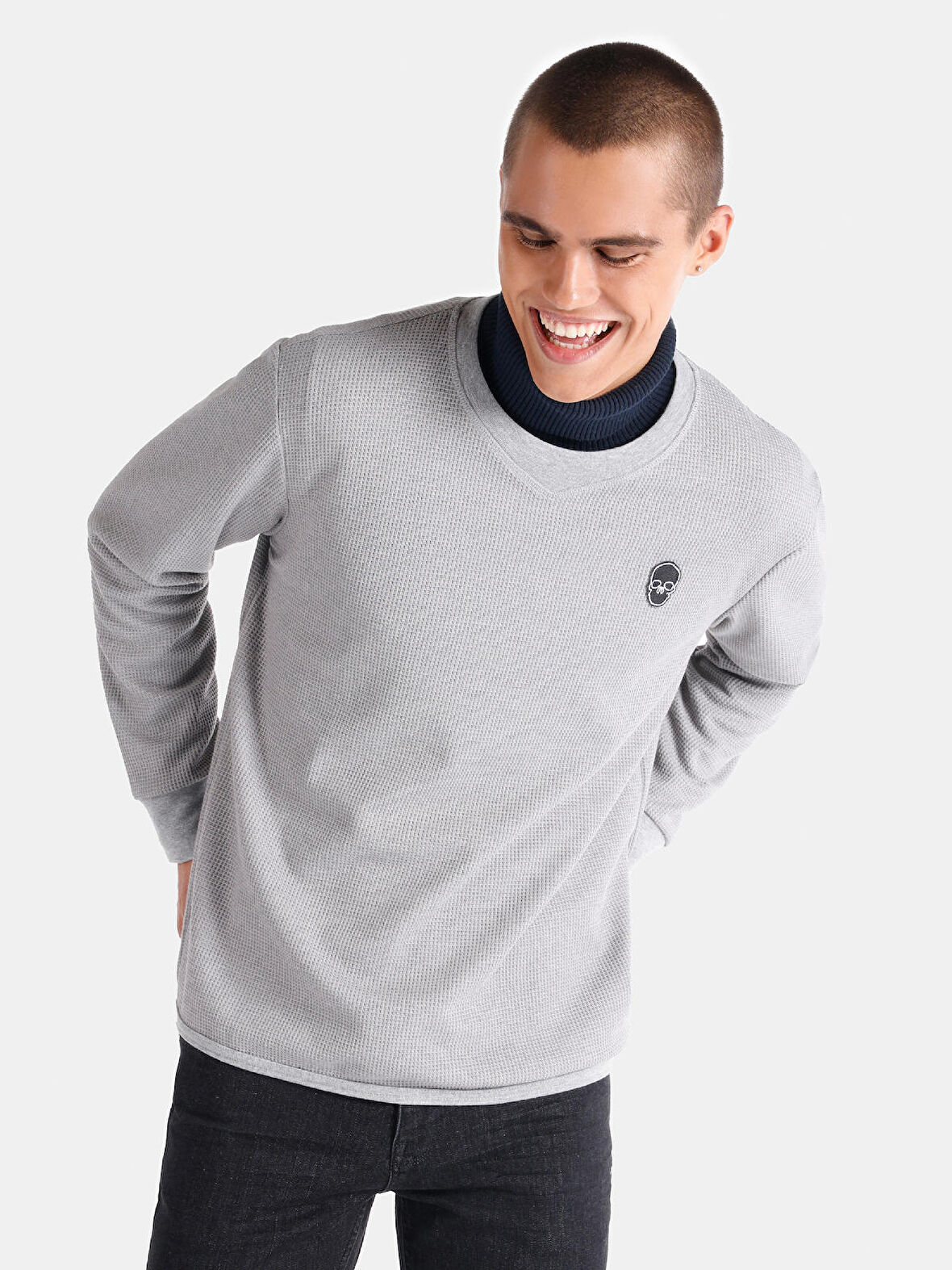 Regular Fit Bisiklet Yaka Baskılı Gri Erkek Uzun Kol Tişört