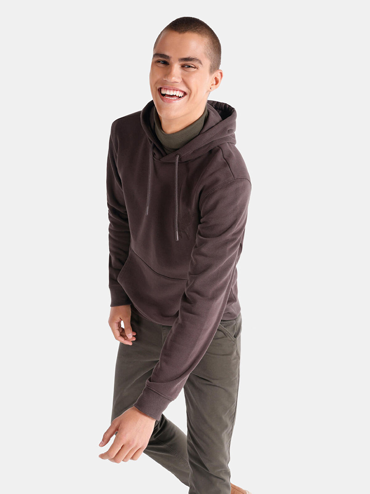 Regular Fit Baskılı Kapüşonlu Kahverengi Erkek Sweatshirt