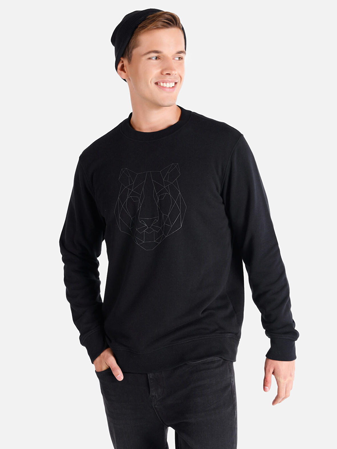 Regular Fit Bisiklet Yaka Baskılı Siyah Erkek Sweatshirt