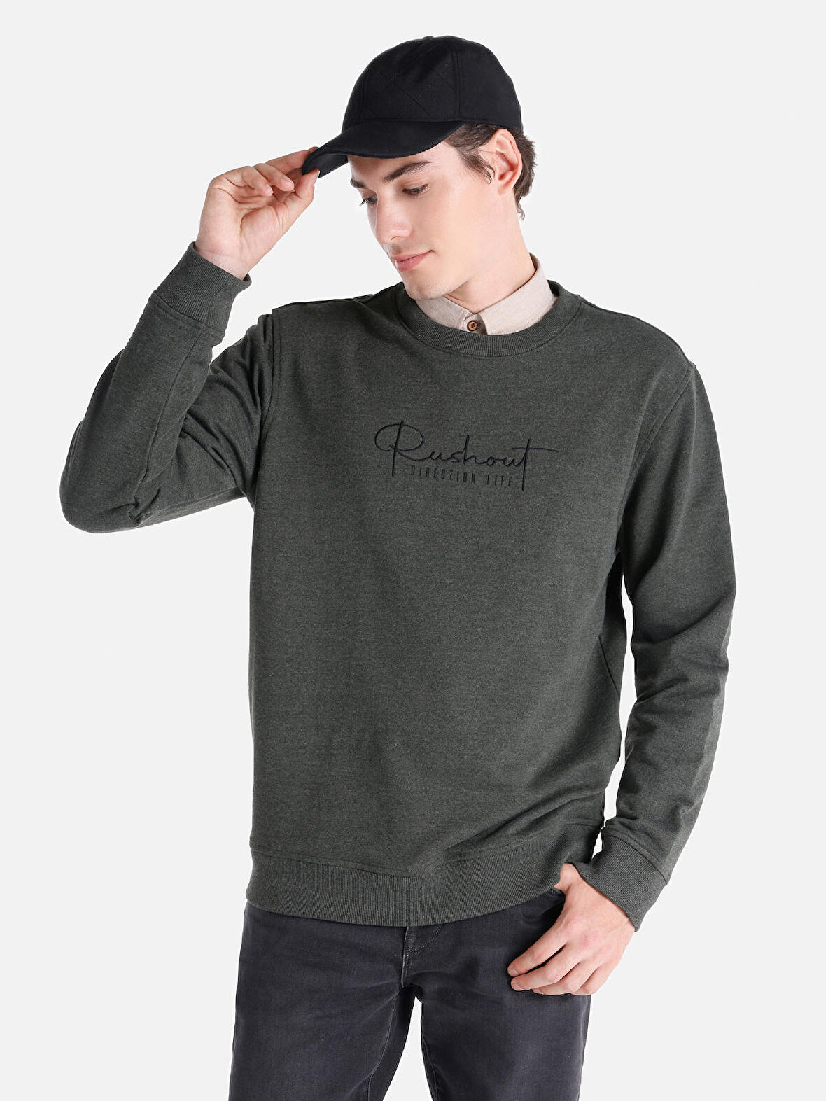 Regular Fit Bisiklet Yaka Baskılı Yeşil Erkek Sweatshirt
