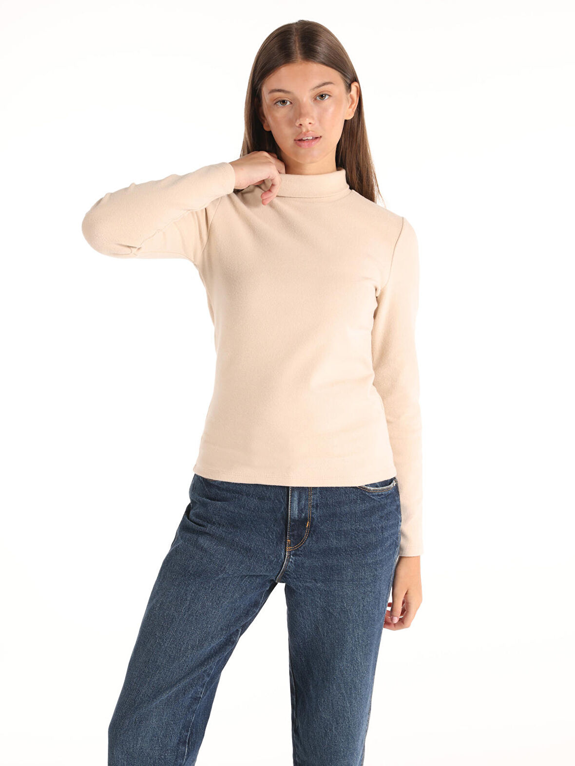 Slim Fit Balıkçı Bej Kadın Uzun Kol Tişört