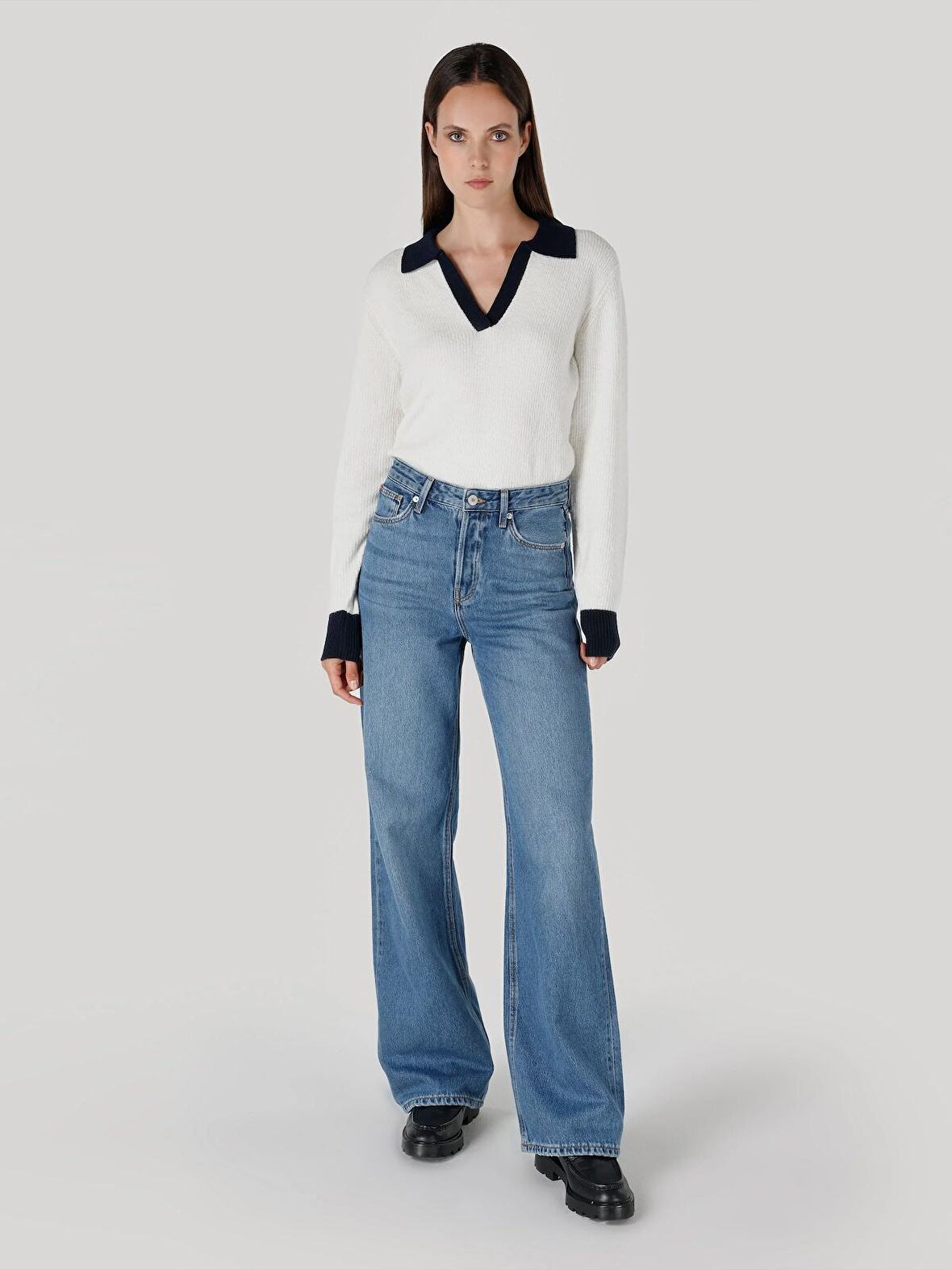 970 Berry Regular Fit Yüksek Bel Geniş Paça Lacivert Kadın Jean Pantolon Cl1065820